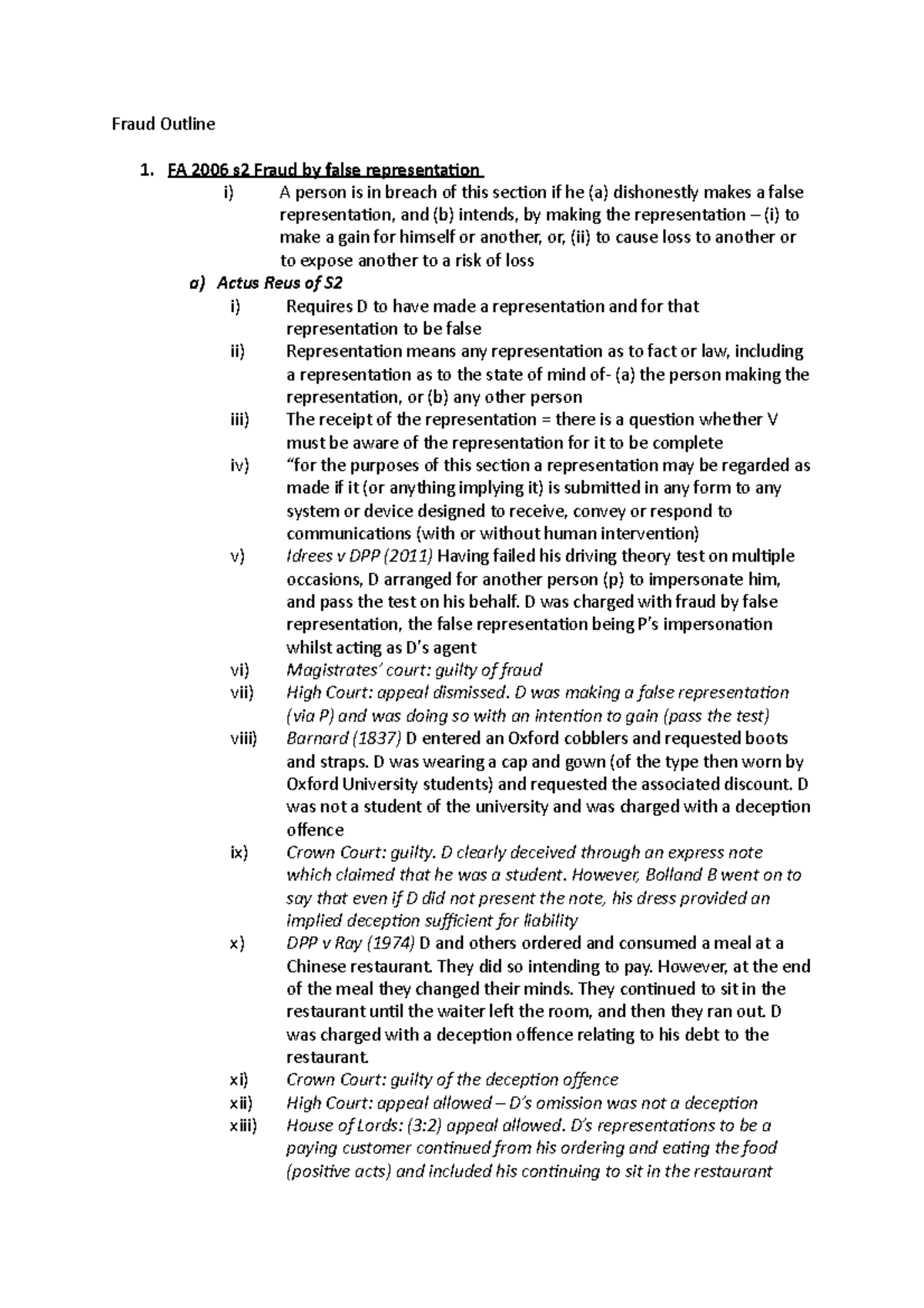 Fraud Outline - notes - Fraud Outline 1. FA 2006 s2 Fraud by false ...