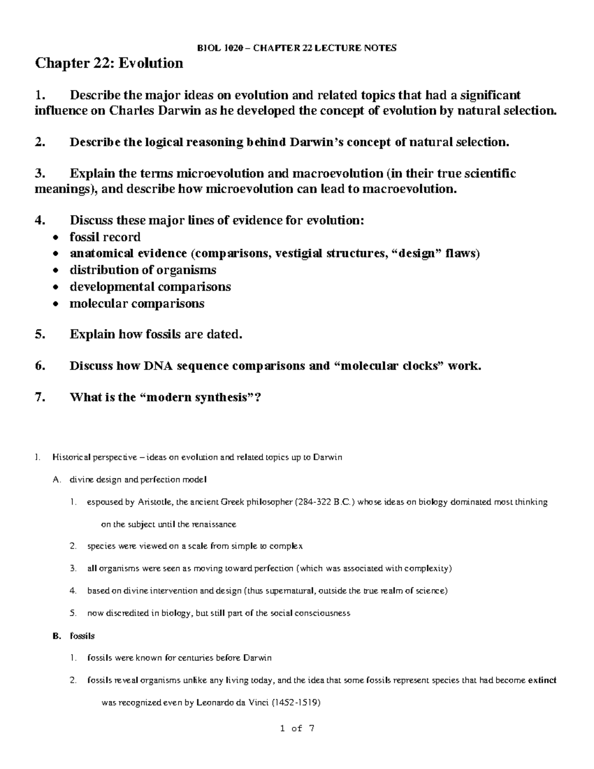 Biology Notes Chapter 22 - Chapter 22: Evolution 1. Describe the major ...
