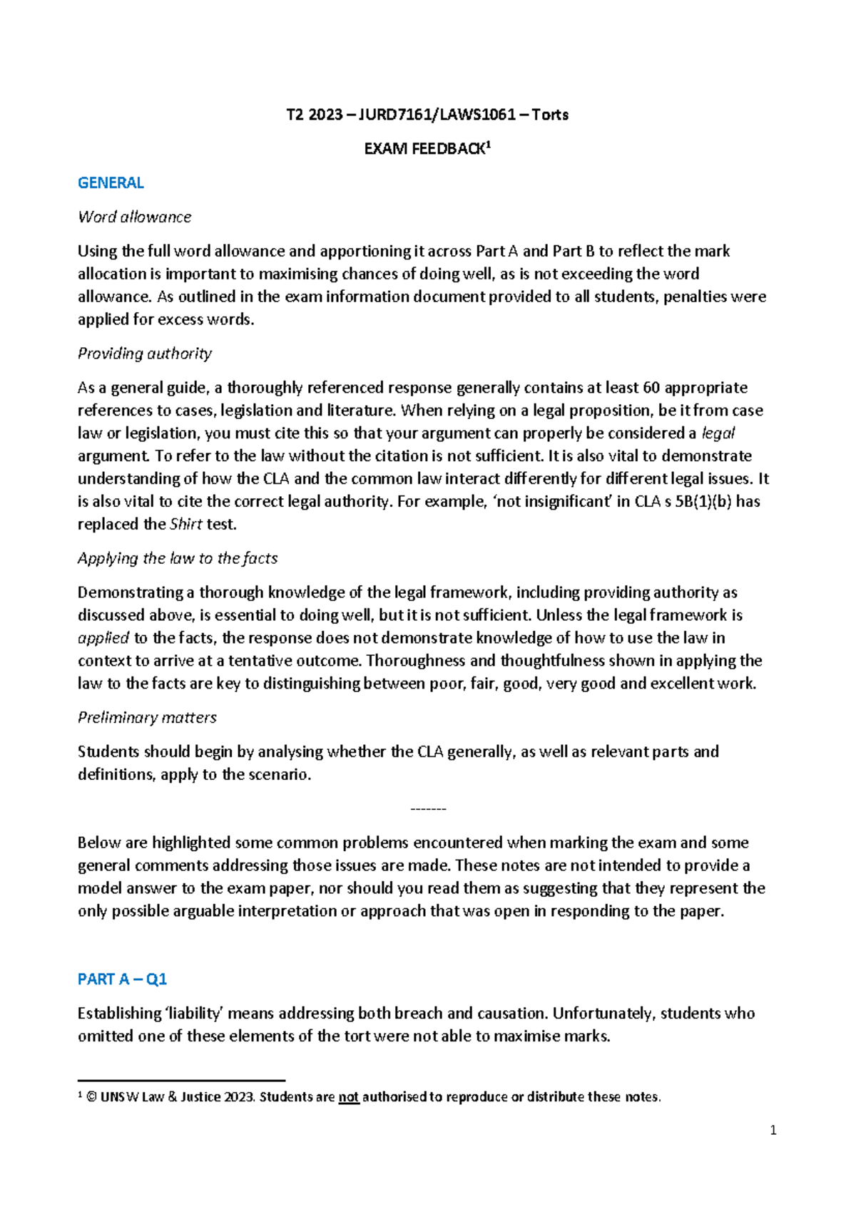2023 T2 Torts - Exam Feedback Final - T 2 2023 – JURD7161/LAWS1061 ...
