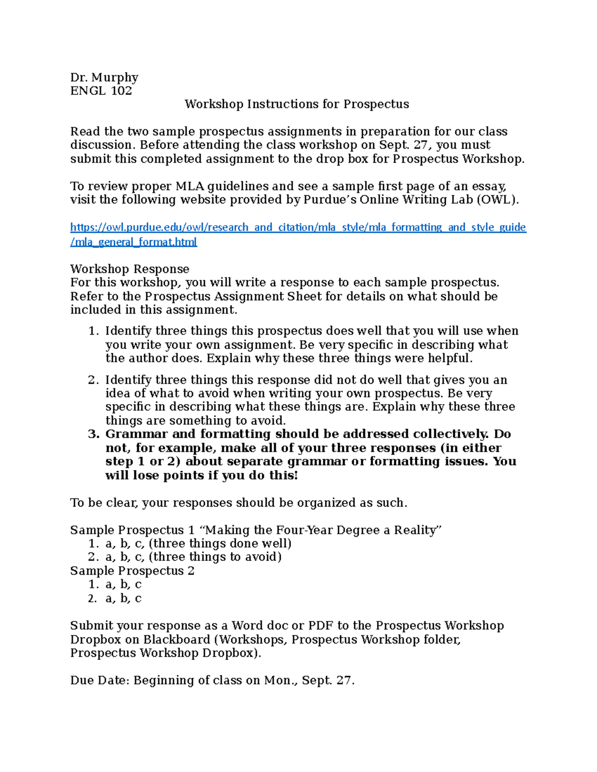Prospectus Workshop Instructions - Dr. Murphy ENGL 102 Workshop ...