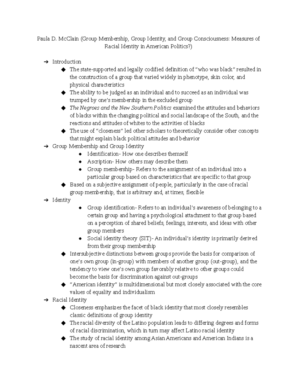 Group Consciousness and Linked Fate Reading Notes - Bio 105 - UMass ...