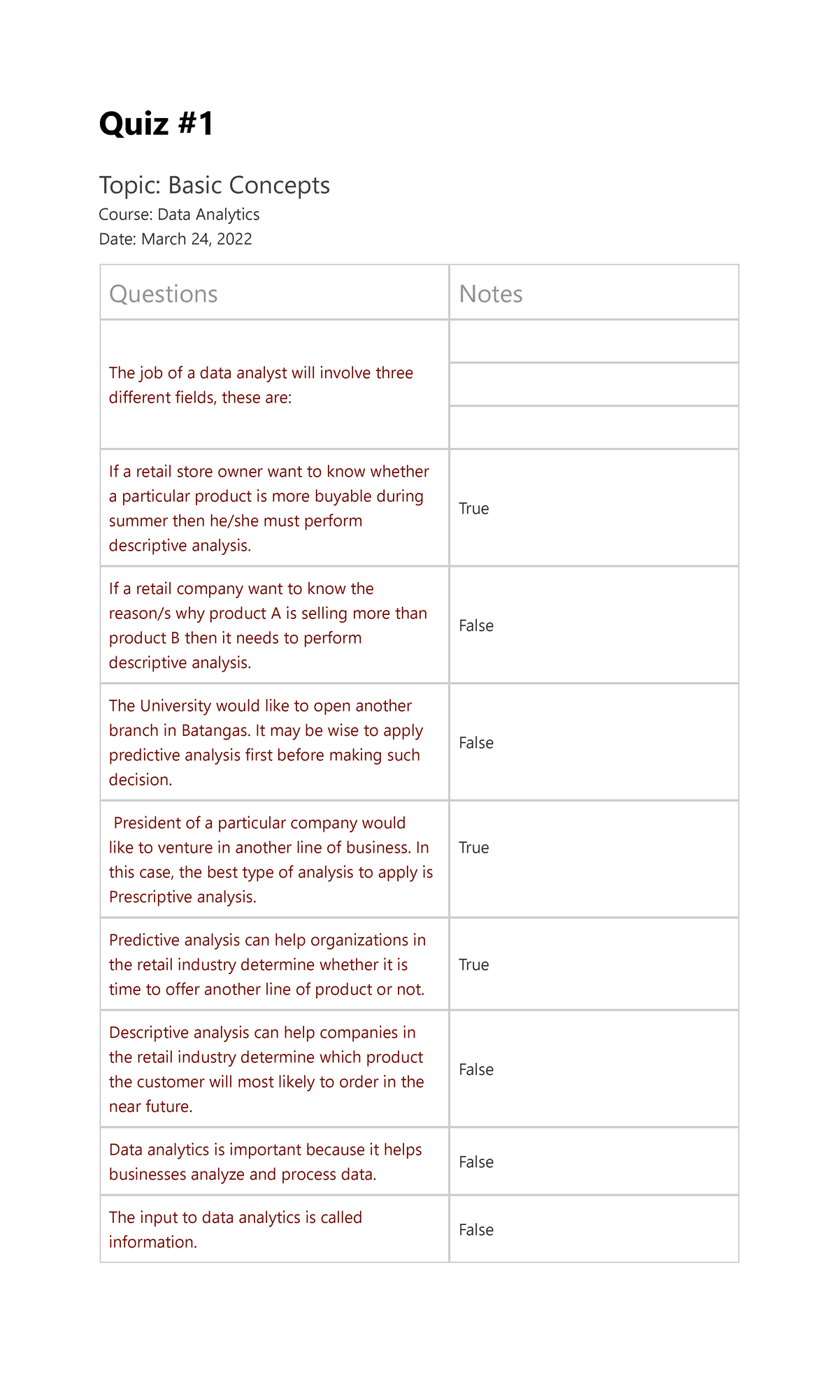 Quiz 1-Basic Concepts - Data Analytics - Quiz Topic: Basic Concepts ...