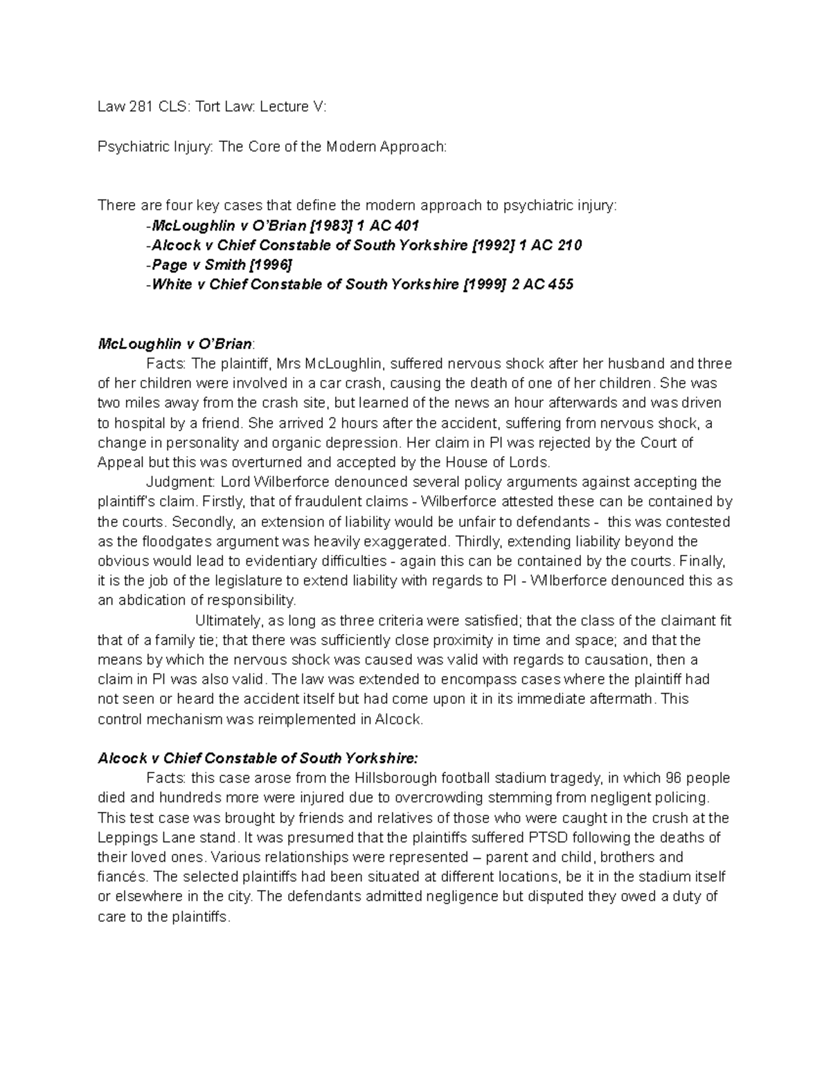 Lecture 5 The Modern Approach to Psychiatric Injury Law 281 CLS