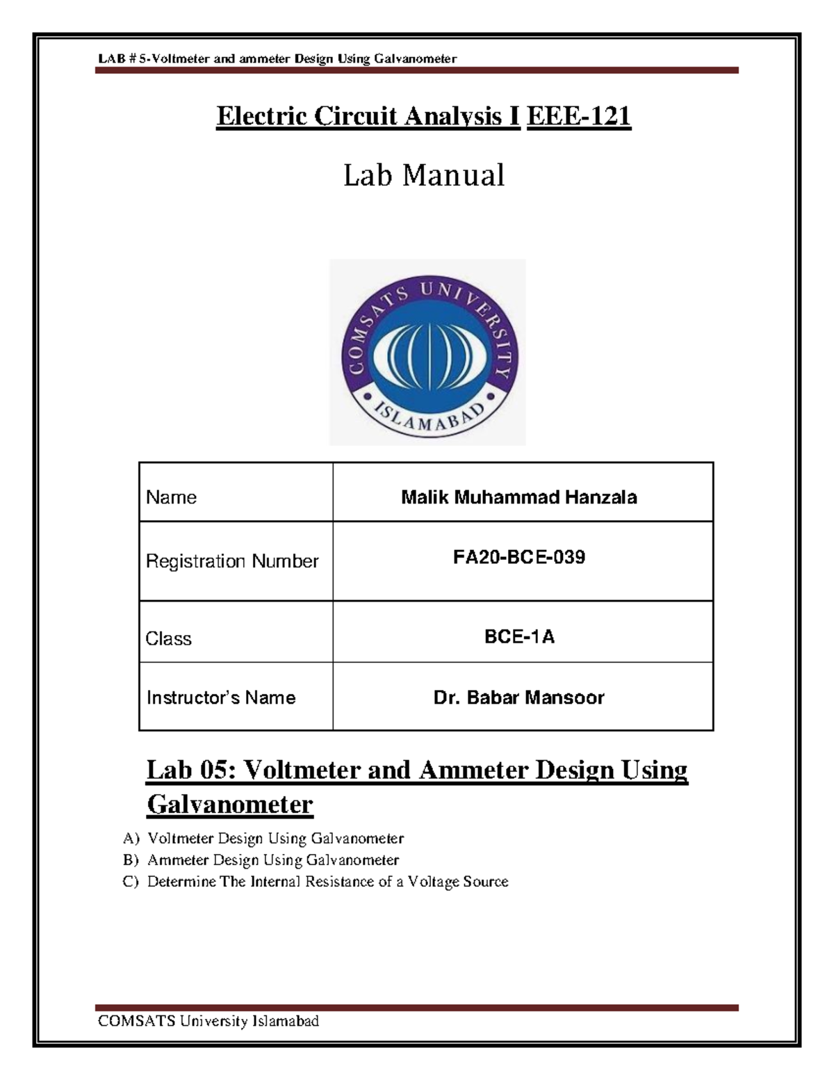 CPE121 Lab report 05 Electric Circuit Analysis I EEE 121 Lab Manual