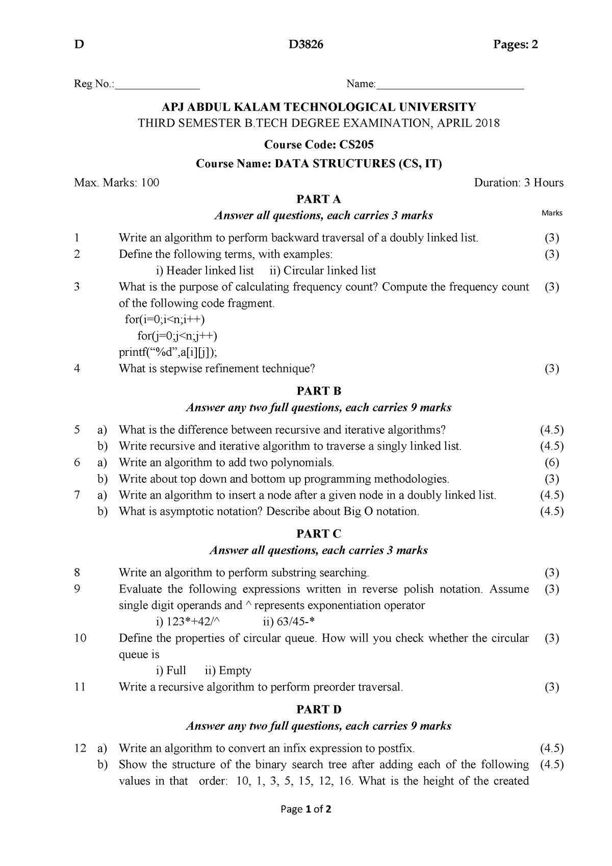 CS205 D A sample question paper for data Structure in Computer