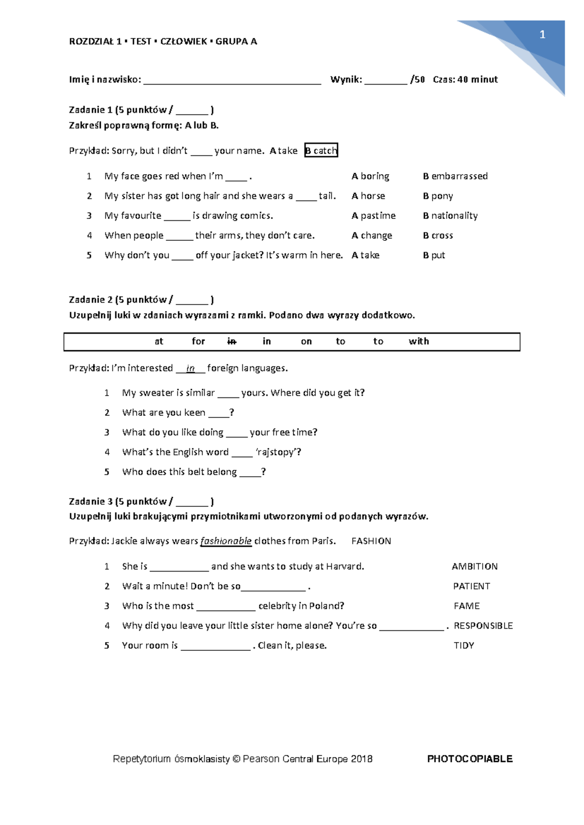 REP8 Unit 1 A Test Unit 1 A Test ROZDZIA 1 TEST CZ OWIEK GRUPA A 