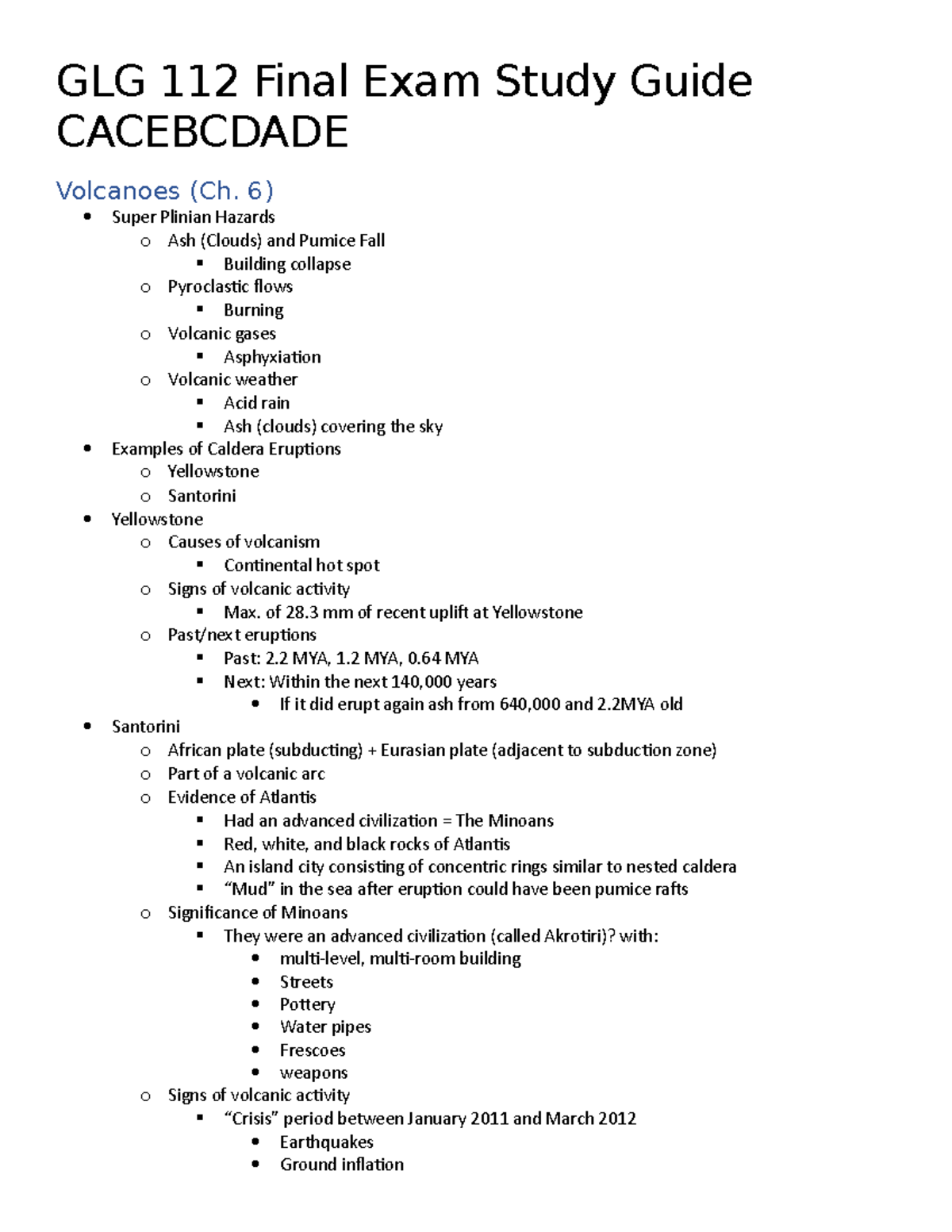 GLG 112 Final Exam Study Guide - 6) Super Plinian Hazards O Ash (Clouds ...