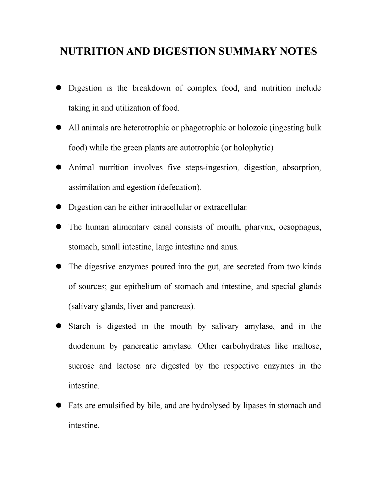 NUTRITION AND DIGESTION SUMMARY NOTES - All animals are heterotrophic ...