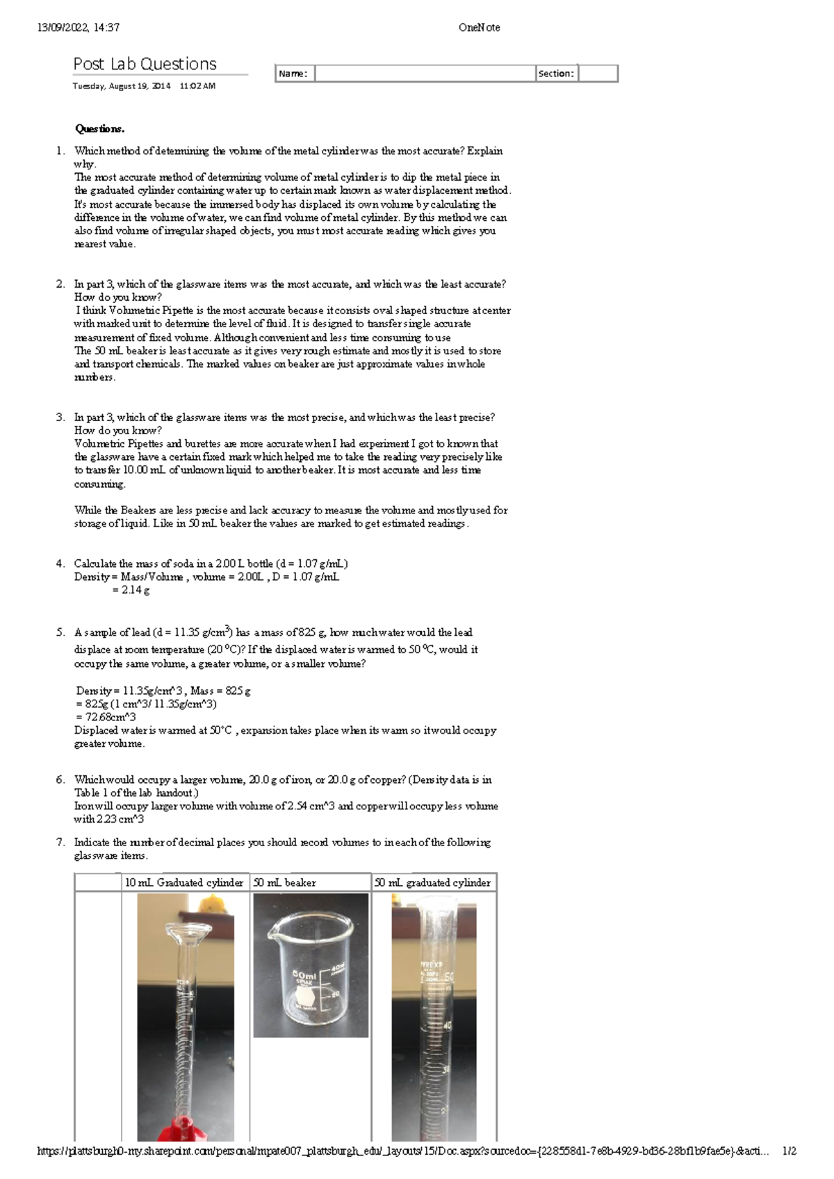 Basic Technique of Density Post Lab Question 13/09/2022, 1437