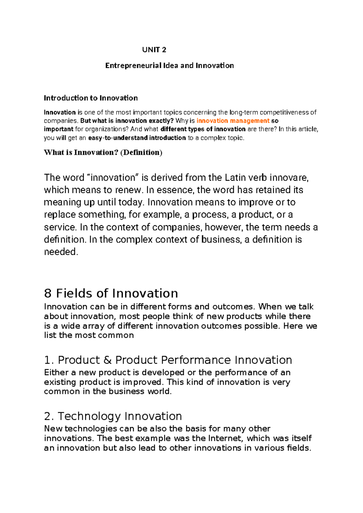 Hsmcunit 2 - UNIT 2 Entrepreneurial Idea and Innovation Introduction to ...