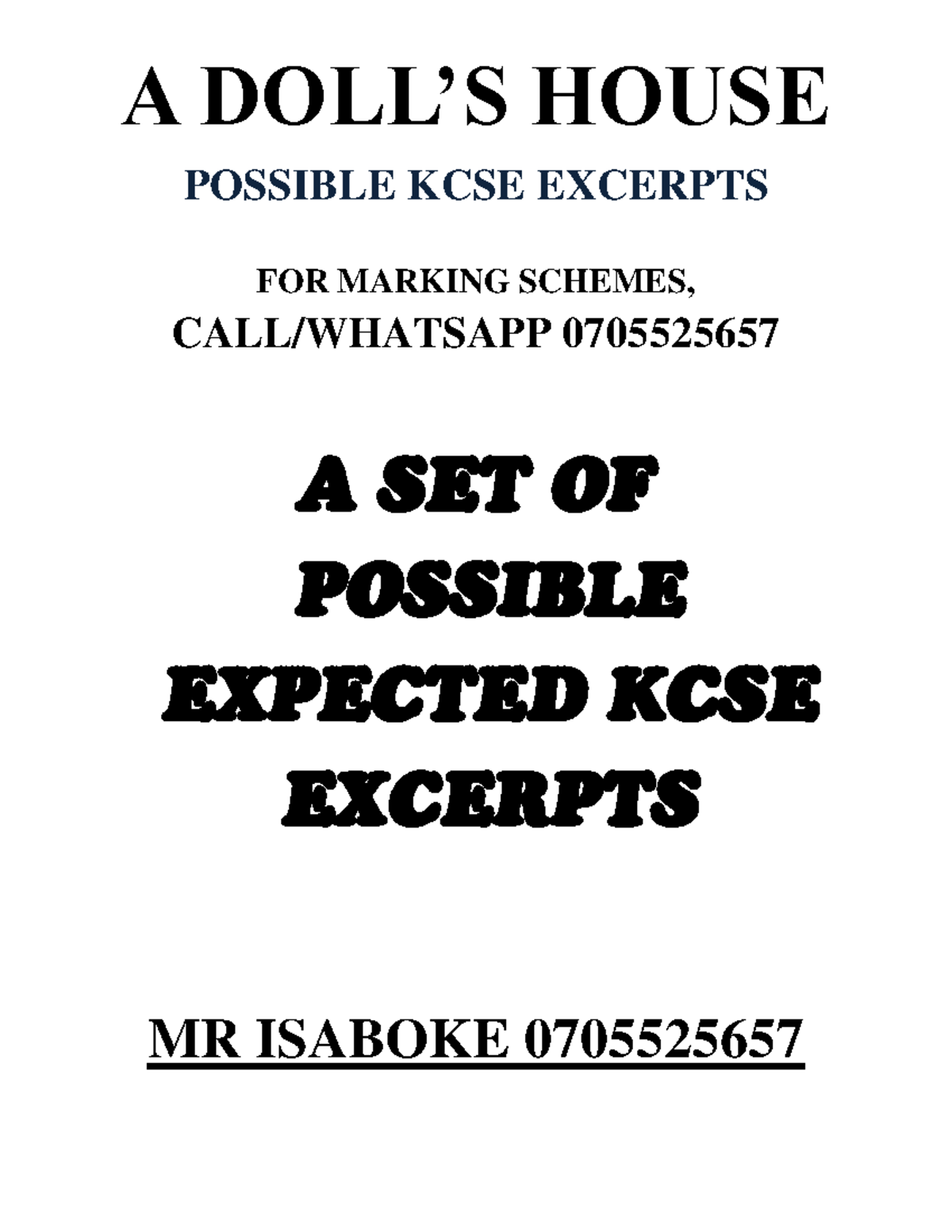A Dolls House Excerpts A DOLL’S HOUSE POSSIBLE KCSE EXCERPTS FOR