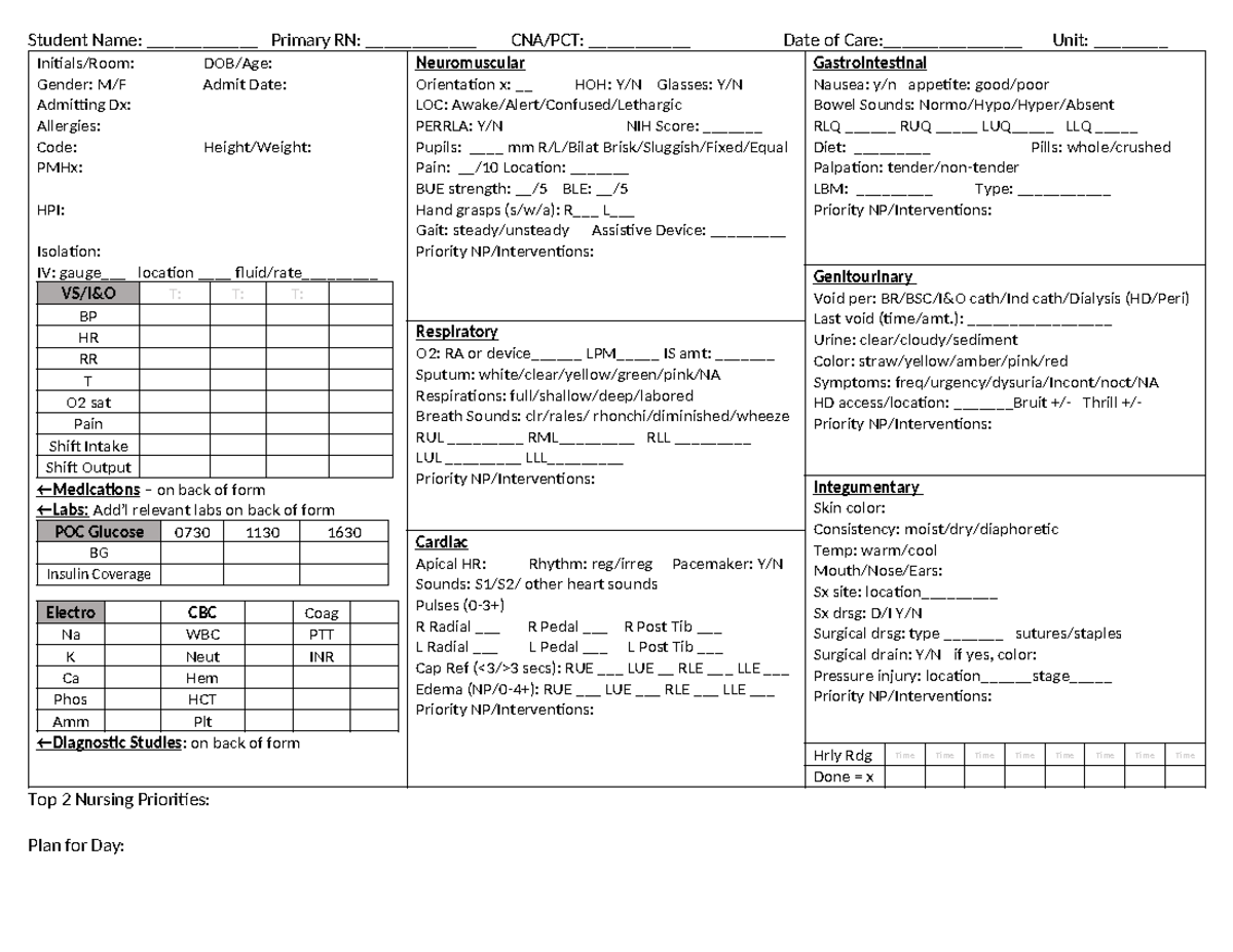 Nursing Report Form - Student Name:              Primary Rn 