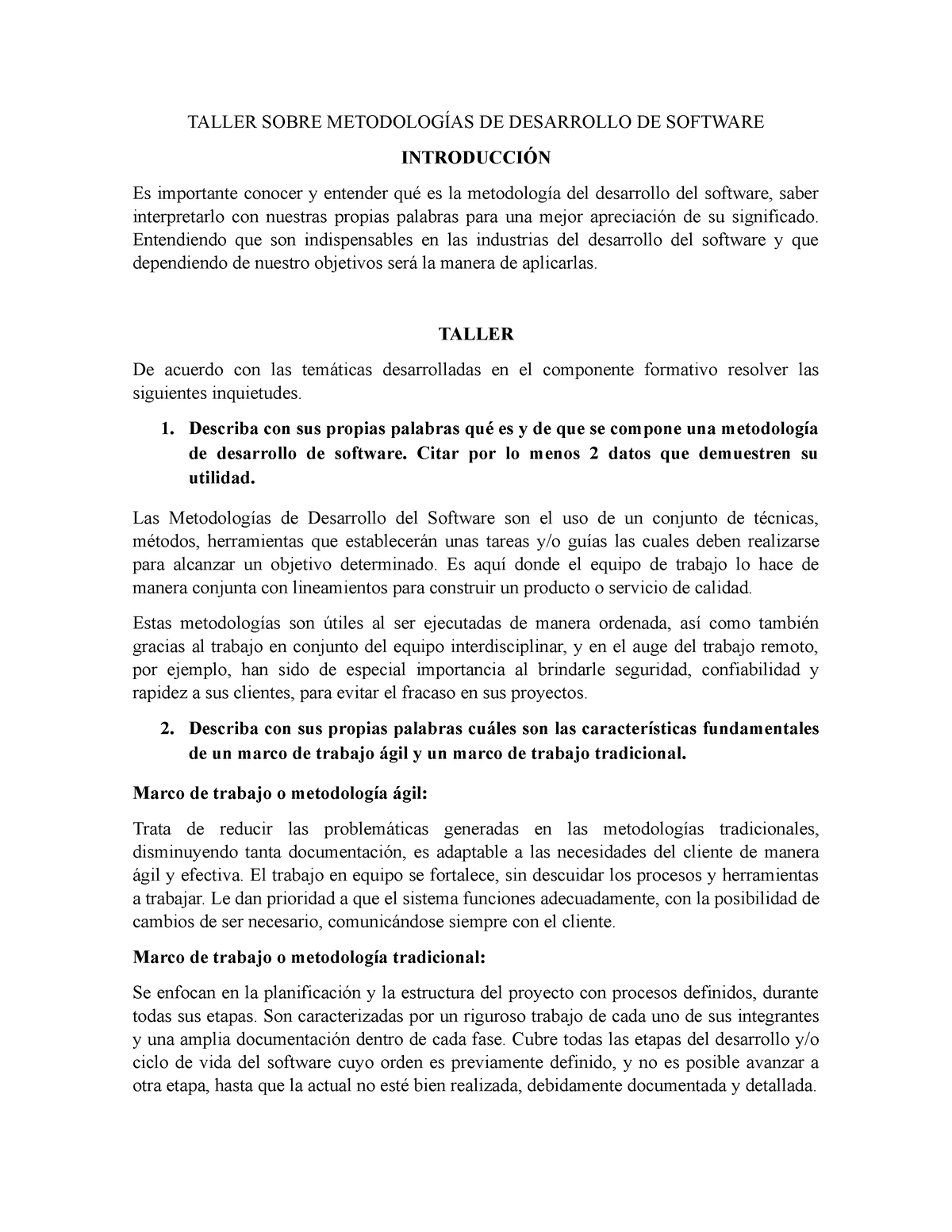 Taller Sobre Metodologías DE Desarrollo DE Software - TALLER SOBRE ...