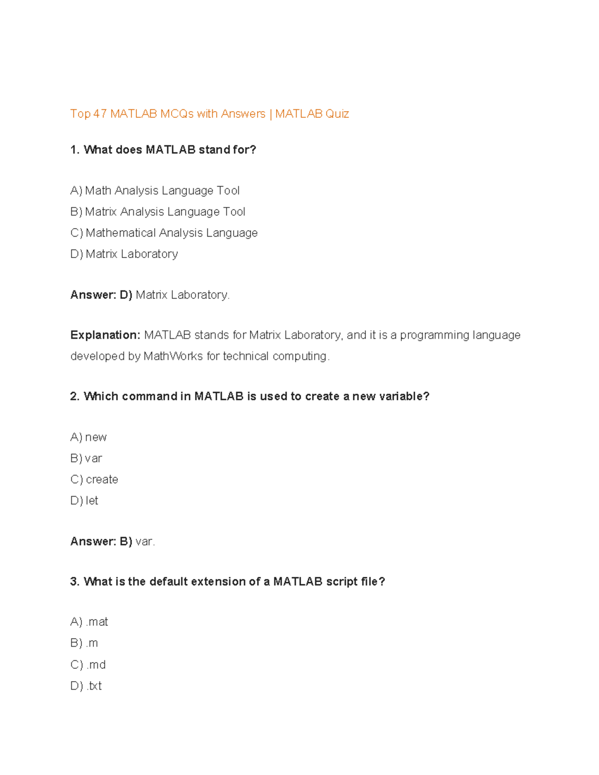 Top 47 Matlab MCQs with Answers Top 47 MATLAB MCQs with Answers