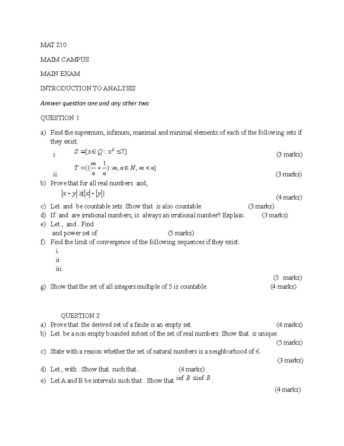 EXAM 1 - Introduction To Real Analysis Practice Questions - MAT 210 ...