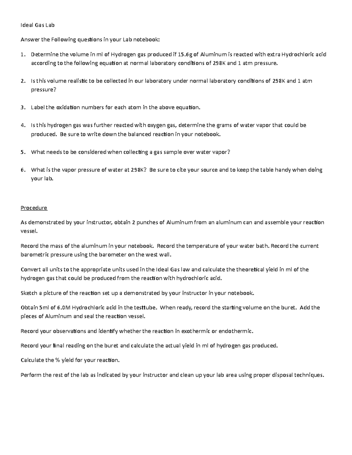 Ideal Gas Lab Lab report Ideal Gas Lab Answer the Following