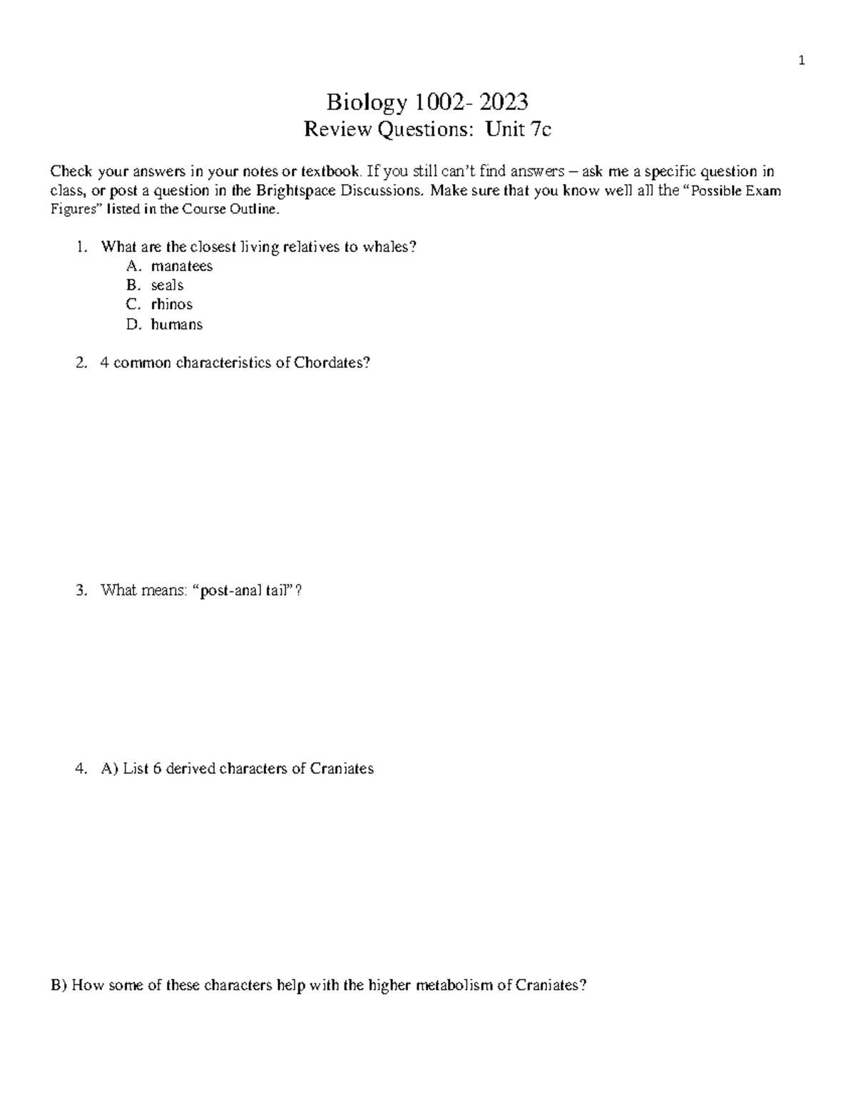 Biol1002 Unit 7c Review Questions - Biology 100 2 - 2023 Review ...