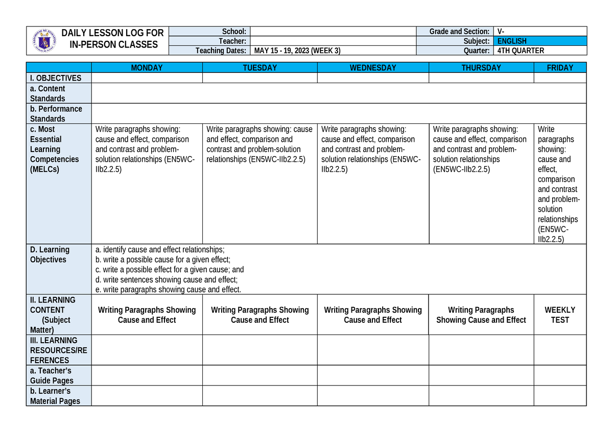 G5 Q4W3 DLL English (MELCs) - DAILY LESSON LOG FOR IN-PERSON CLASSES ...