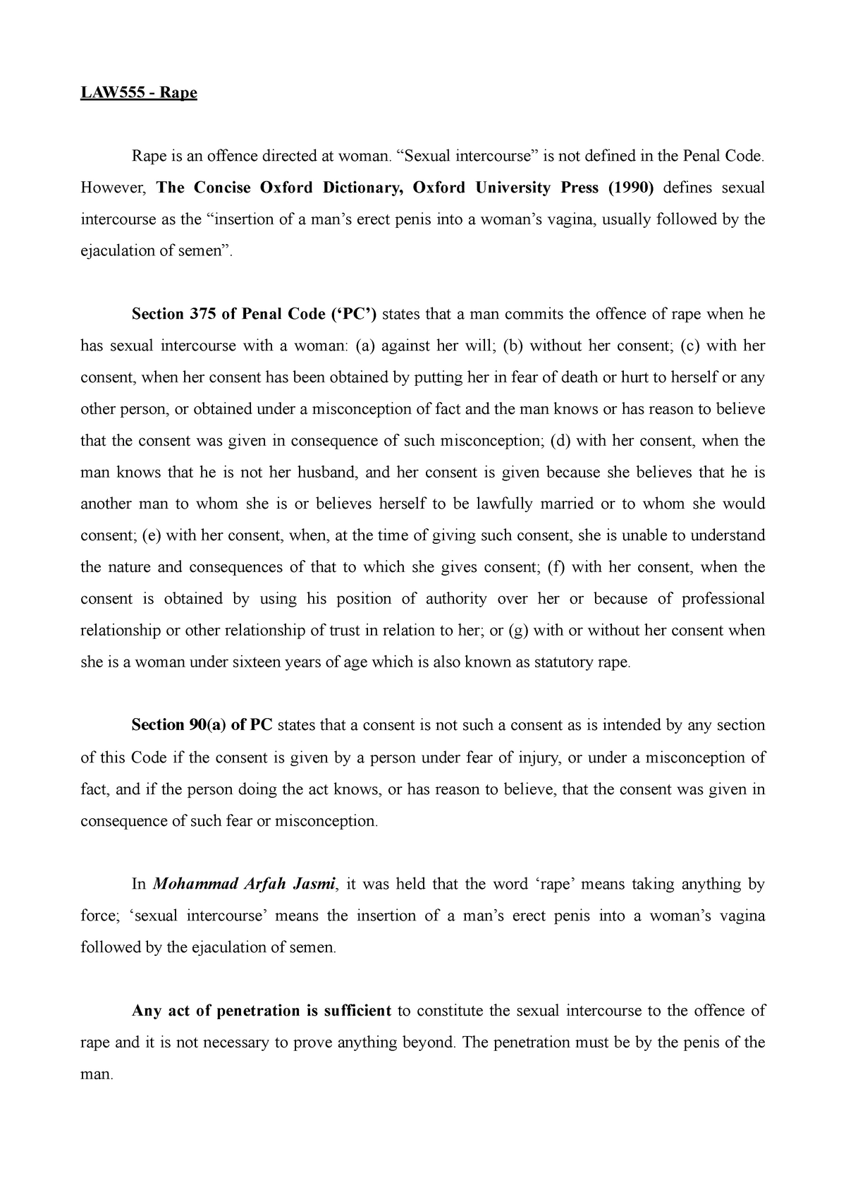 Criminal Law II (LAW555) - Rape - LAW555 - Rape Rape is an offence ...