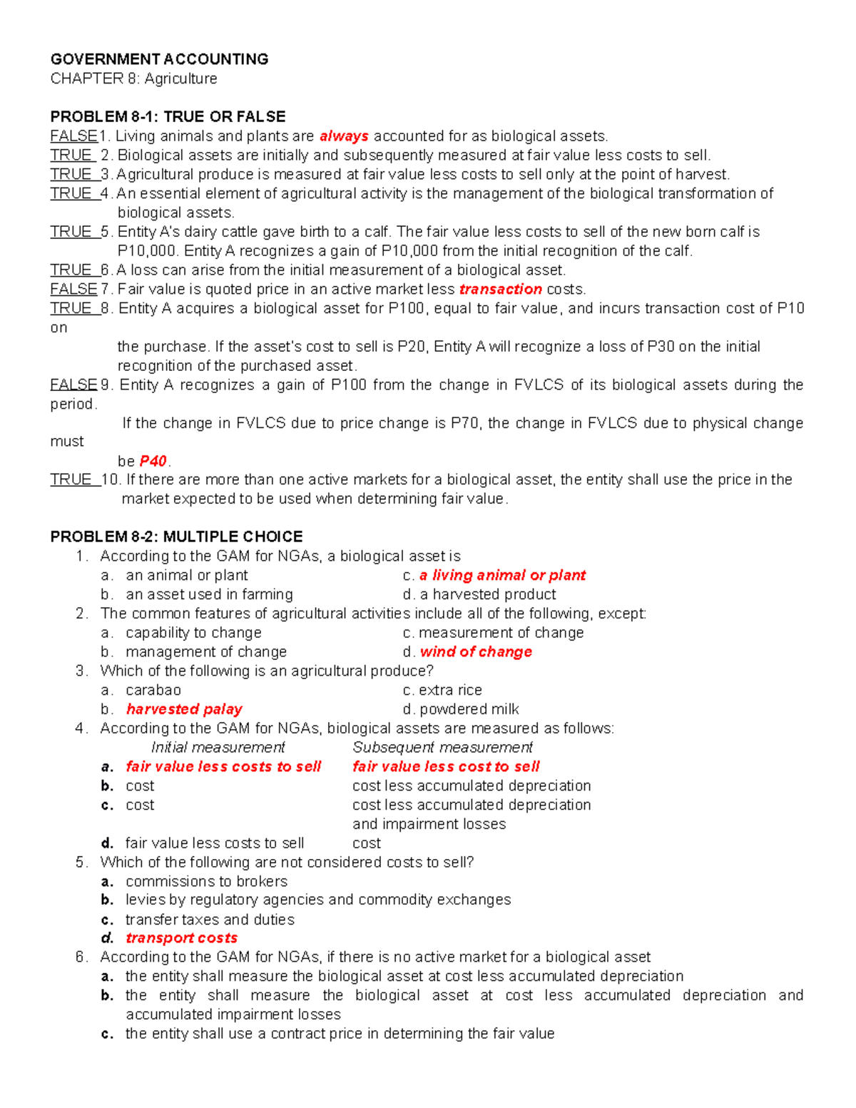 Chapter 8 - GOVERNMENT ACCOUNTING CHAPTER 8: Agriculture PROBLEM 8-1 ...