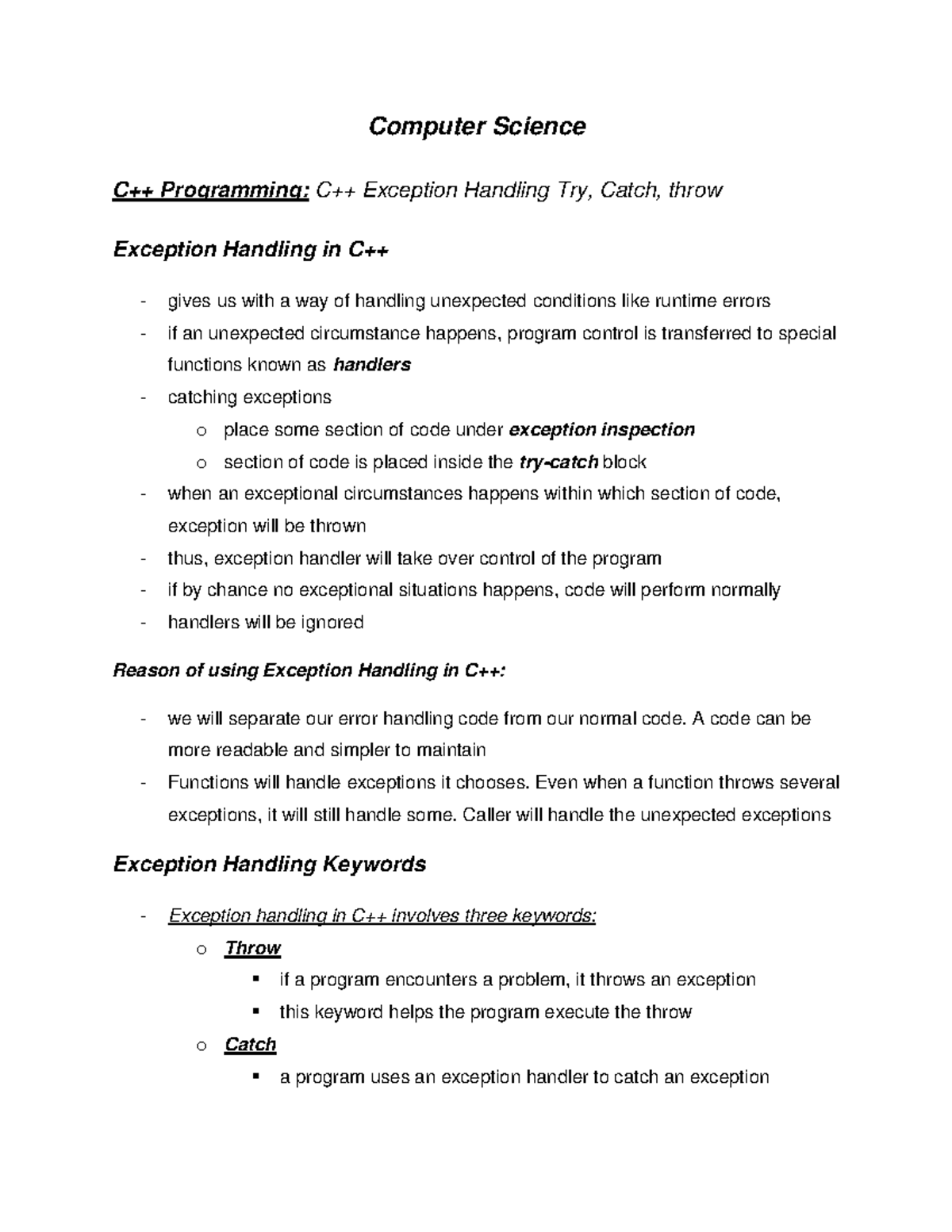 C++ Programming: C++ Exception Handling Try, Catch, throw - Computer ... image.