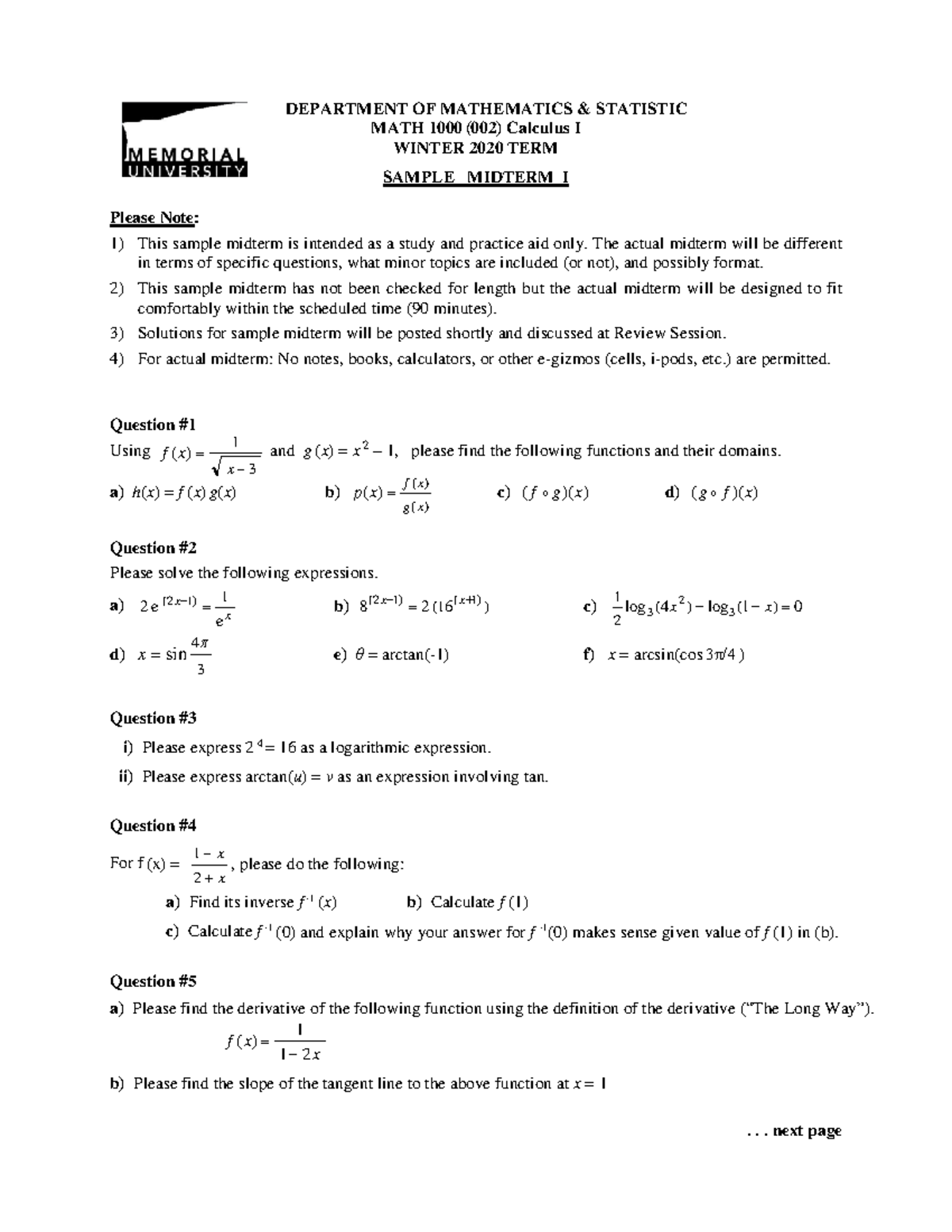 Sample/practice exam April 2020, questions - DEPARTMENT OF MATHEMATICS ...