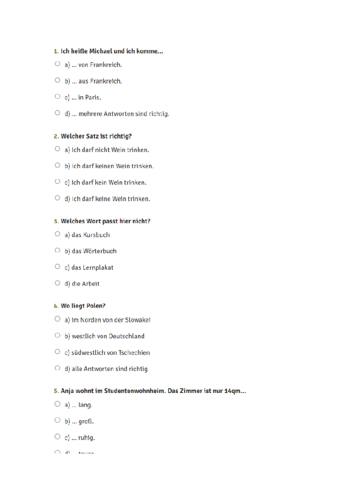 Test niem Test z niemieckiego Język niemiecki Studocu