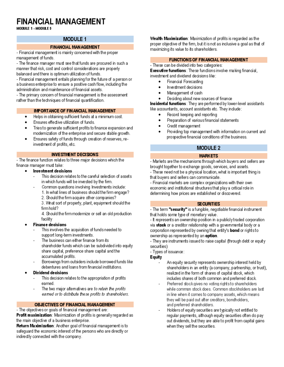 Financial Management Midterm Notes - FINANCIAL MANAGEMENT MODULE 1 ...