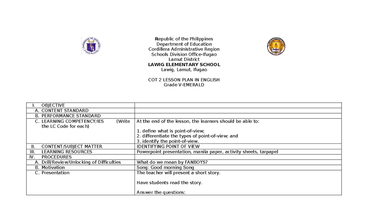 Sample Lesson Plan Republic Of The Philippines Department Of Education Cordillera 1080