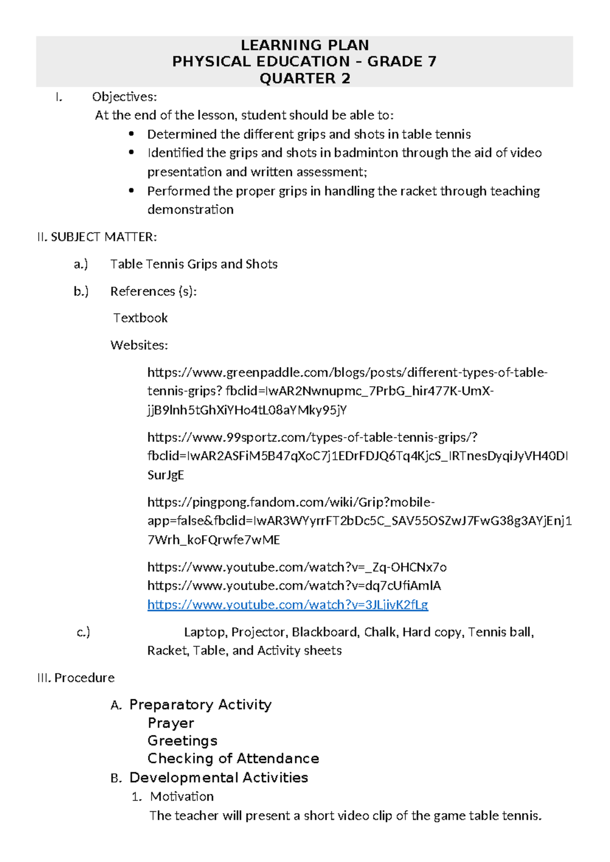 table tennis learning plan LEARNING PLAN PHYSICAL EDUCATION GRADE 7