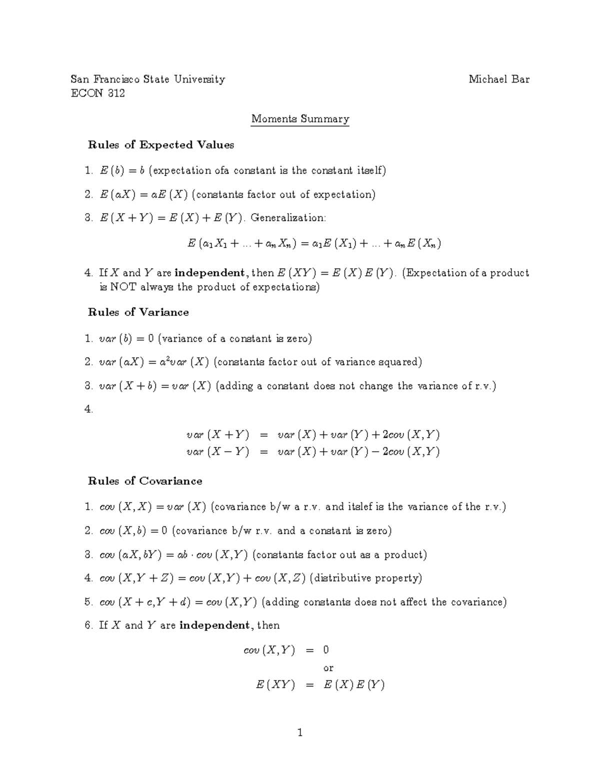 Moments Summary Econ 312 Sfsu San Francisco State University Michael Bar Studocu