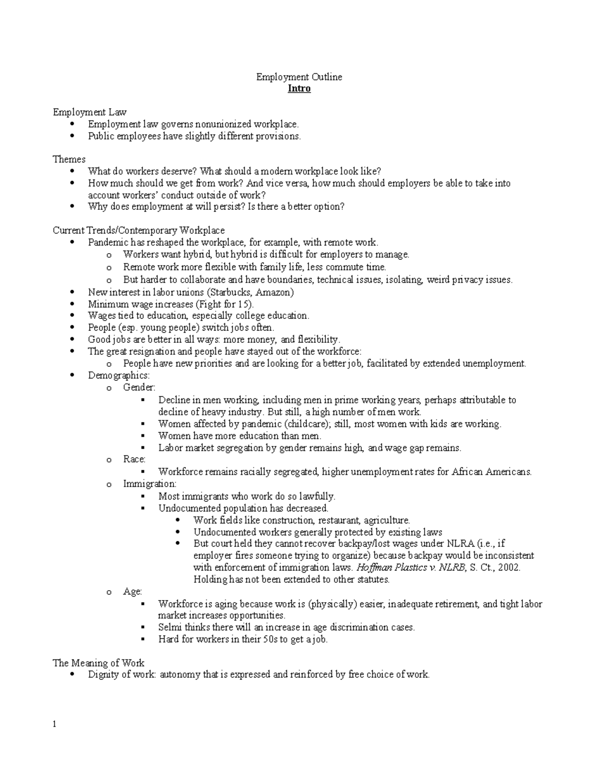 Selmi Employment Outline V2 - Employment Outline Intro Employment Law ...