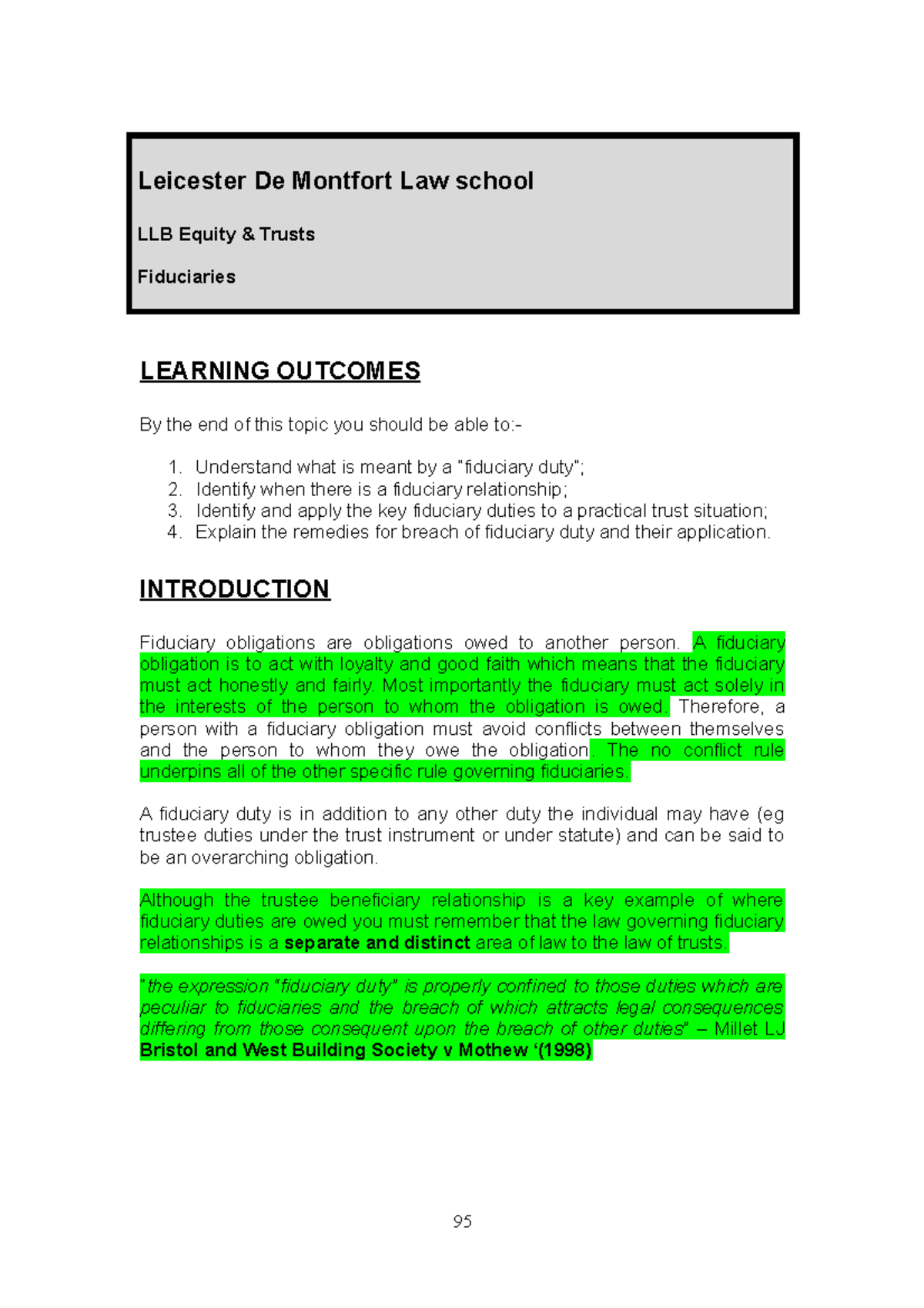 Fiduciaries notes Leicester De Montfort Law school LLB Equity