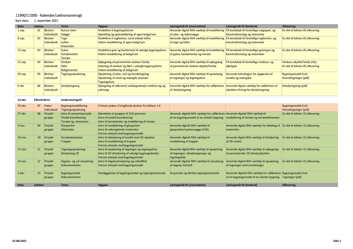 DTU 21E 11000-11990 Kursusplan - 11990/11000 ‐ Kalender 