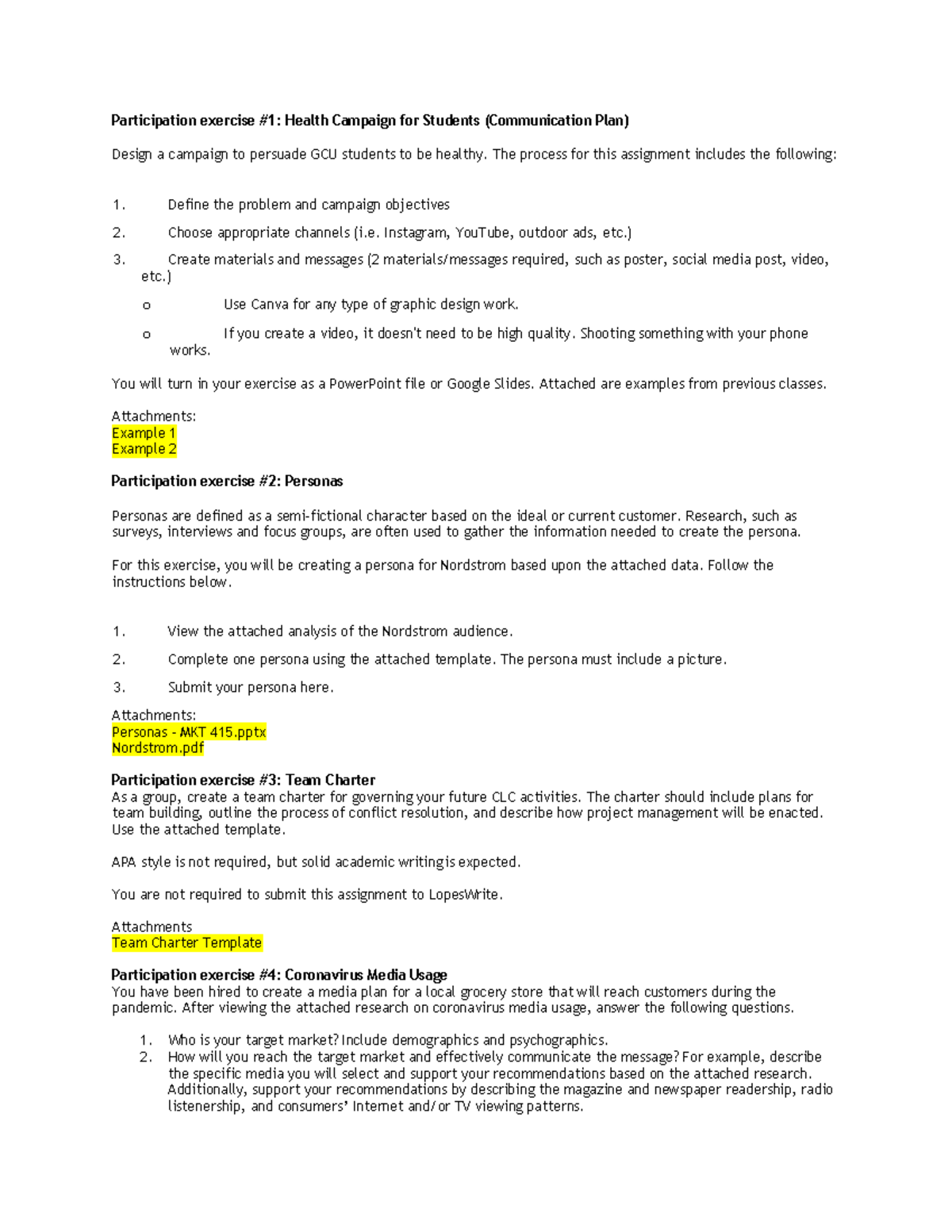 MKT 415 Exercises - Exercies - Participation exercise #1: Health Campaign  for Students - StuDocu