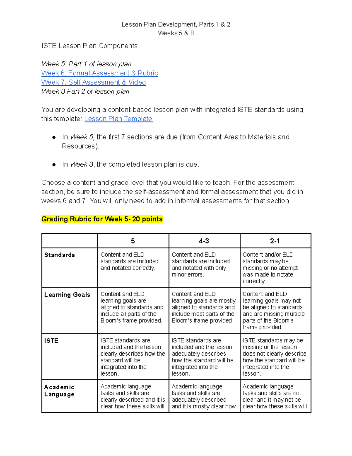 Week 5 & 8 Lesson Plan Development Parts 1 & 2 - Lesson Plan ...