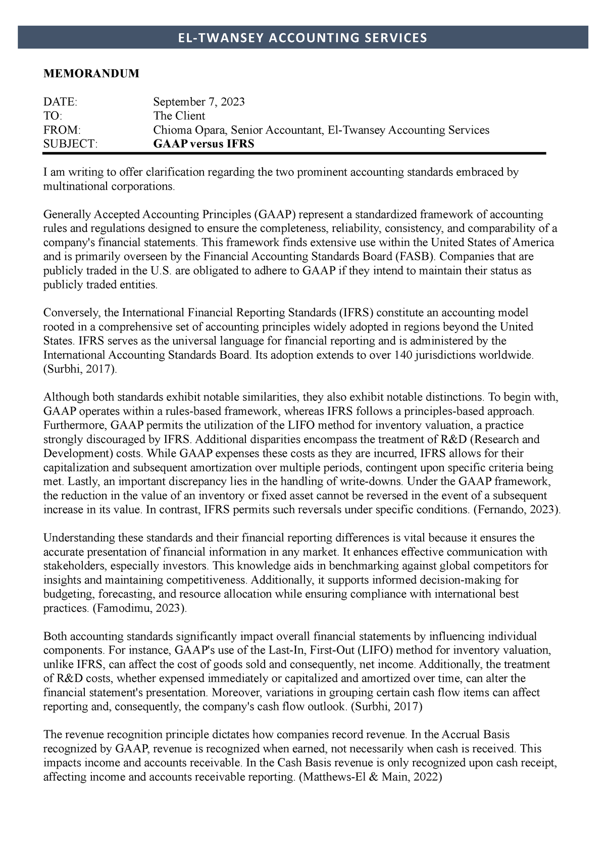 MEMO- GAAP vs IFRS - MODULE 1 - EL-TWANSEY ACCOUNTING SERVICES