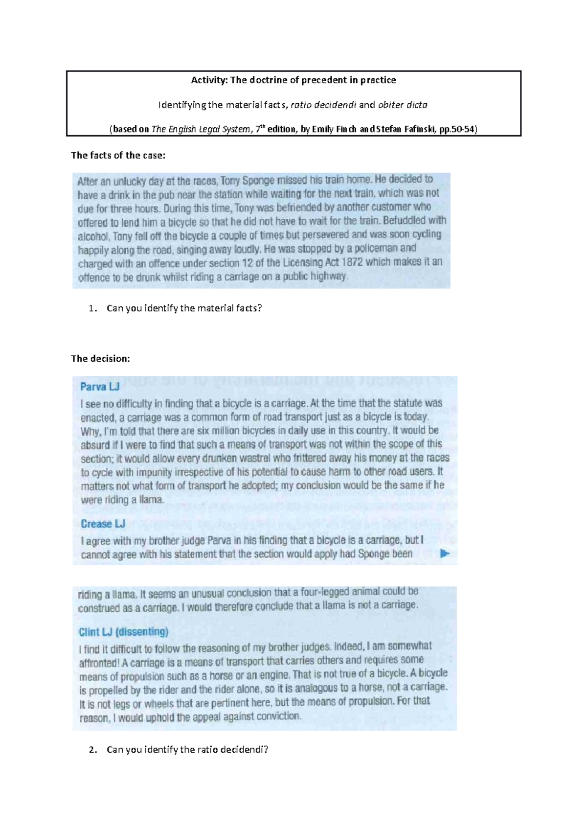 Activity on the doctrine of precedent student version - Activity: The ...