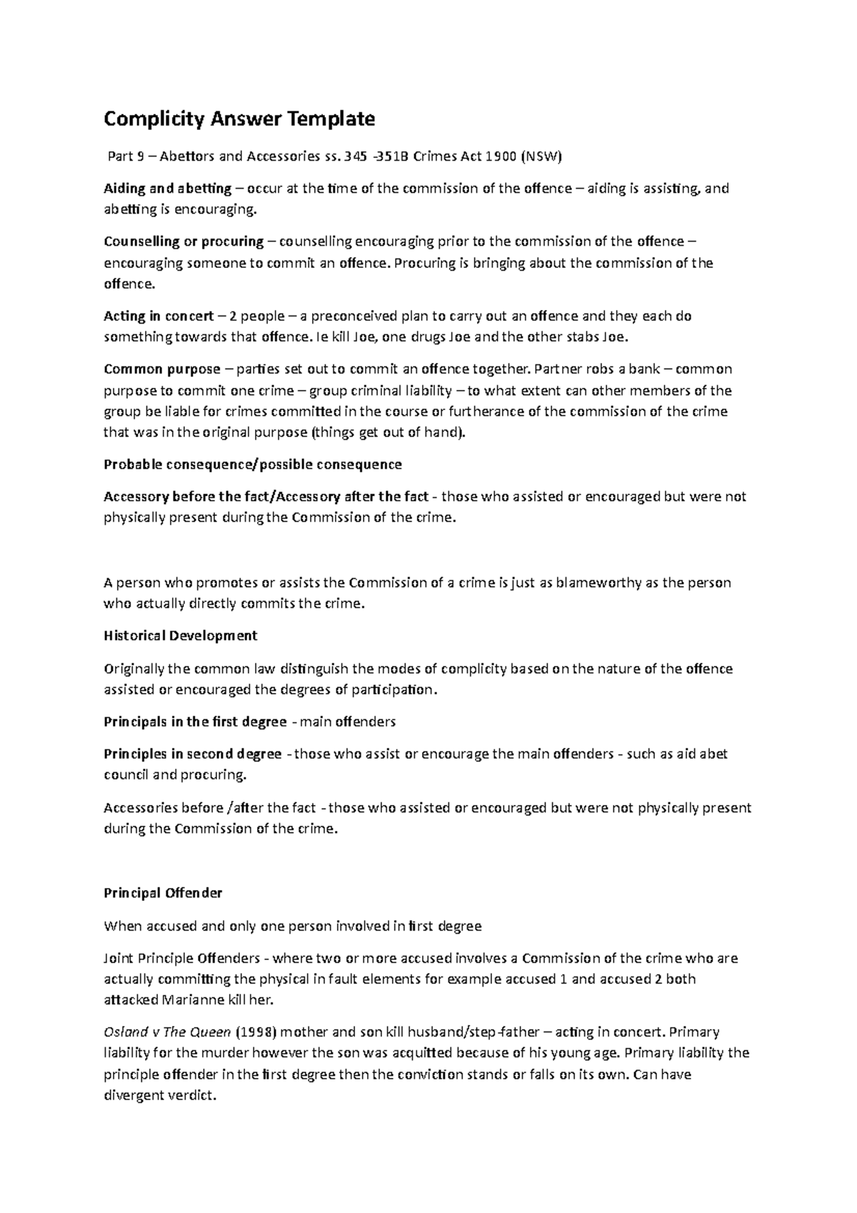 Complicity Answer Template - 345 -351B Crimes Act 1900 (NSW) Aiding and ...