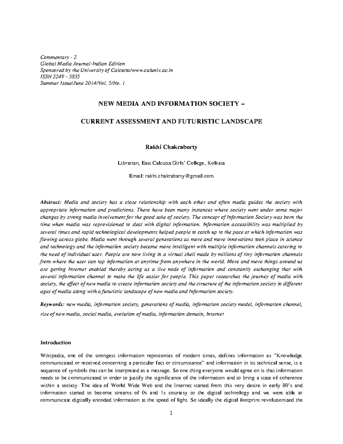 NEW Media AND Information Society Commentary 2 Global Media Journal