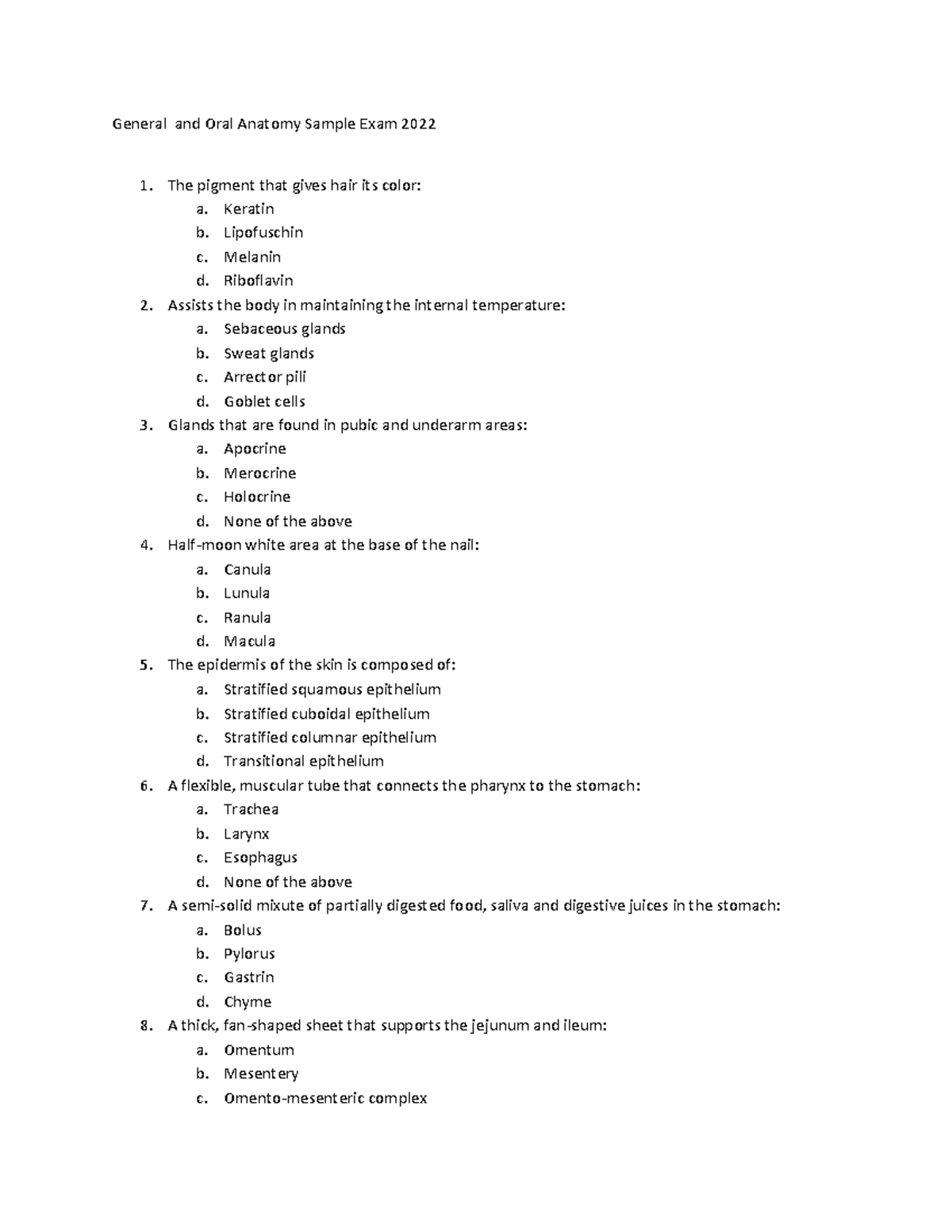 General and Oral Anatomy Q&A General and Oral Anatomy Sample Exam