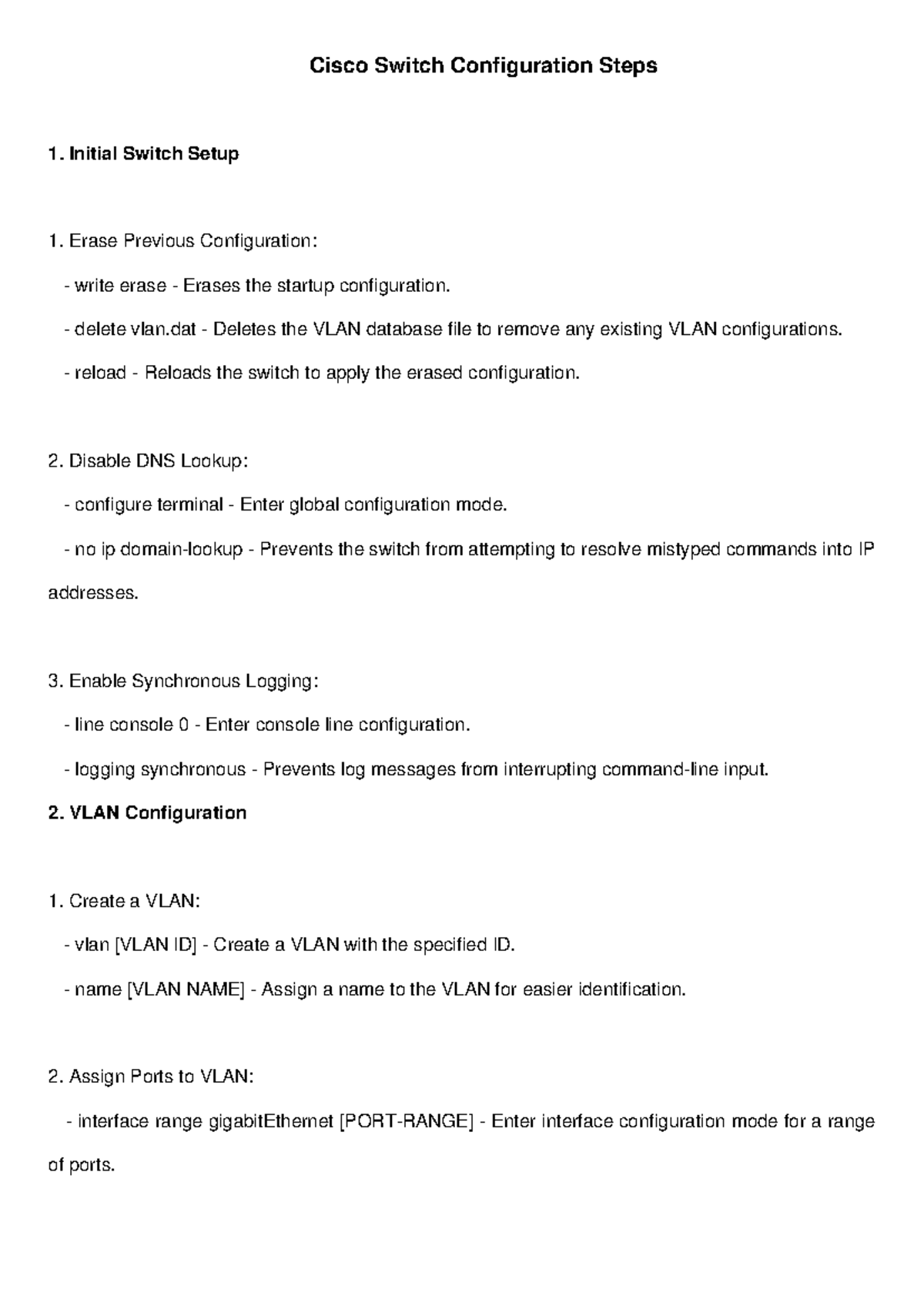 Lab2 Cisco Switch Configuration Steps Cisco Switch Configuration