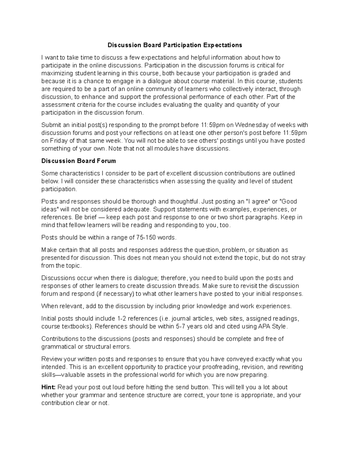 Discussion Board Participation Expectations - Participation in the ...