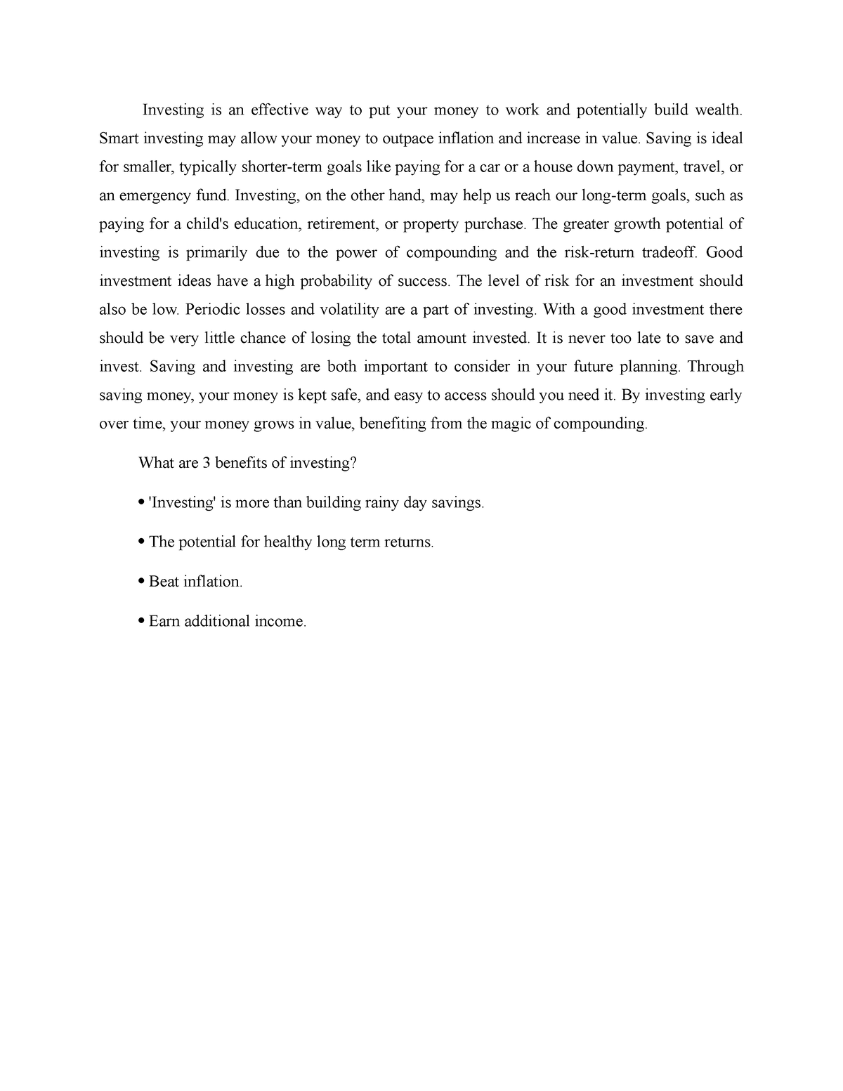 essay about investing money