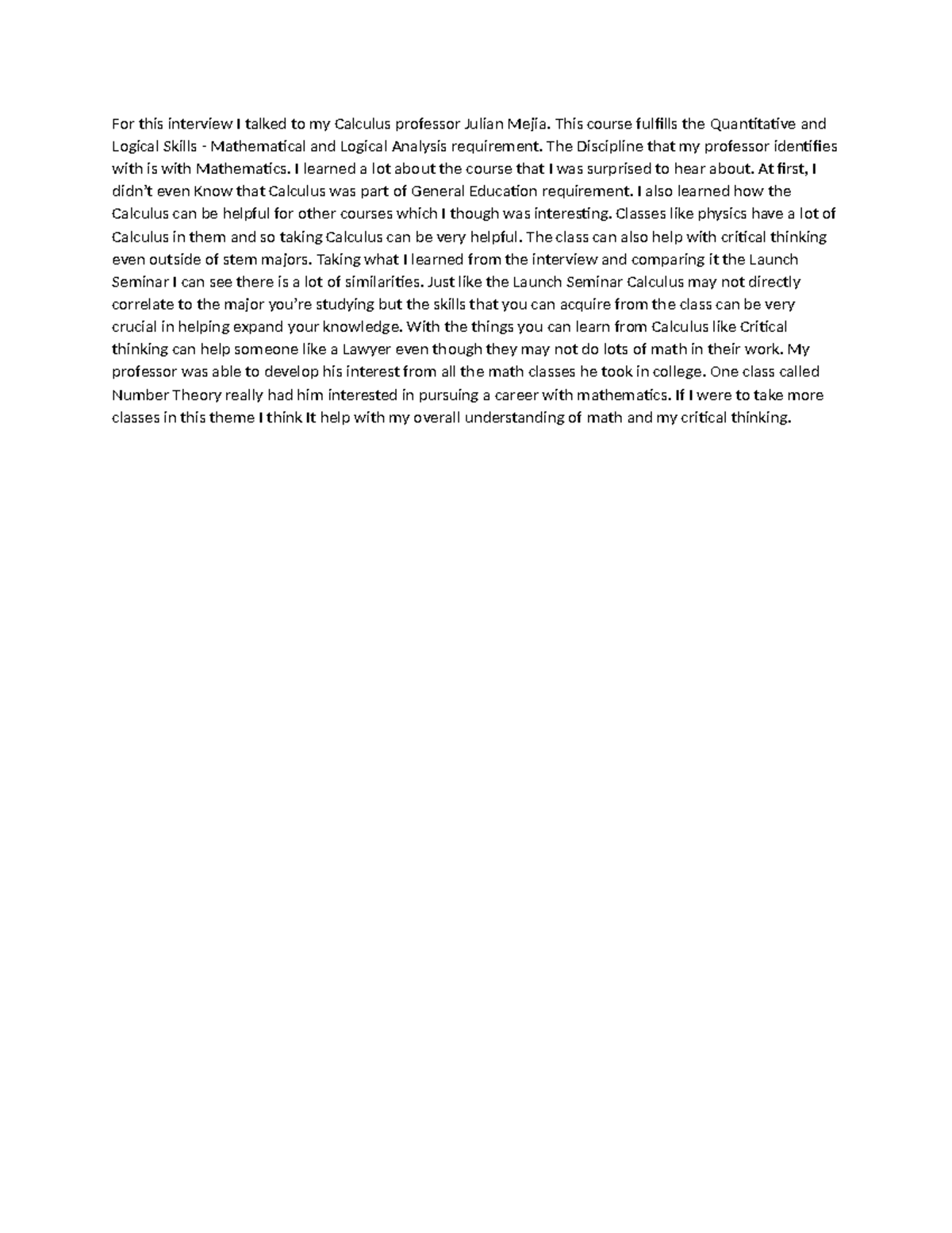 Office Hours GE - For this interview I talked to my Calculus professor ...