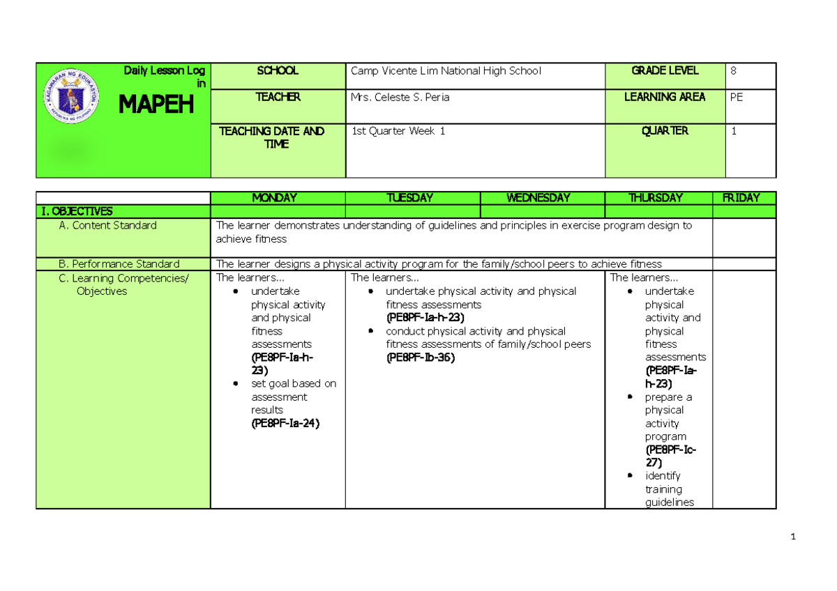 Q1 Grade 8 PE DLL Week 1 - Daily Lesson Log in MAPEH SCHOOL Camp ...