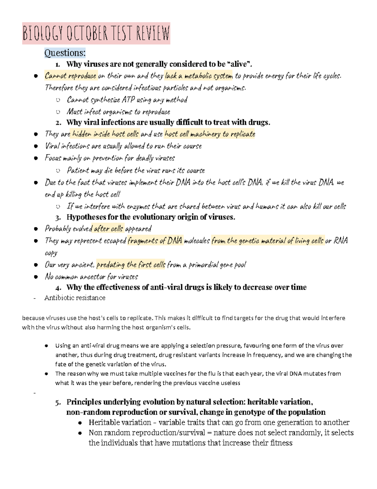 Biology October TEST Review - BIOLOGY OCTOBER TEST REVIEW Questions ...