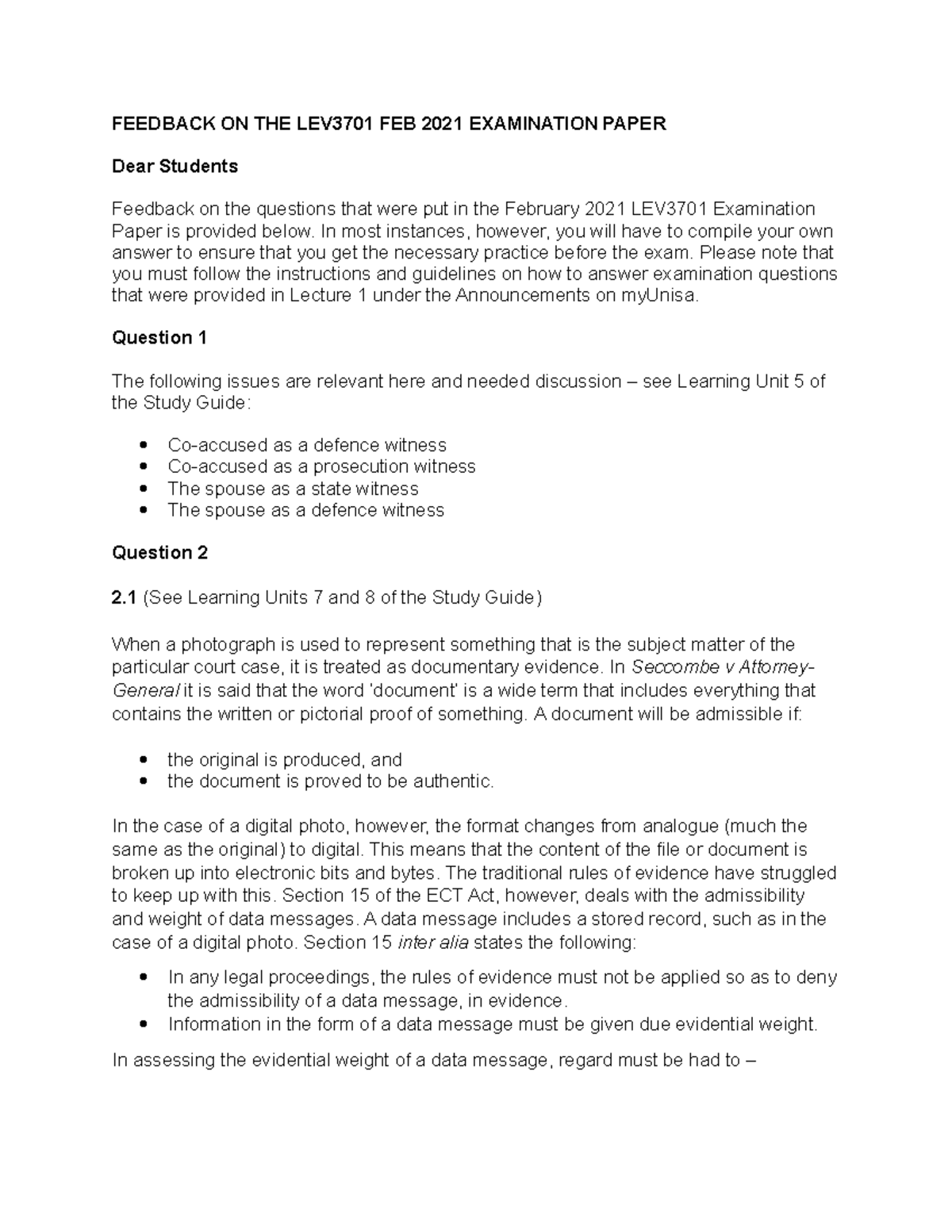 LEV3701 Feb2021Exam Feedback - FEEDBACK ON THE LEV3701 FEB 2021 ...