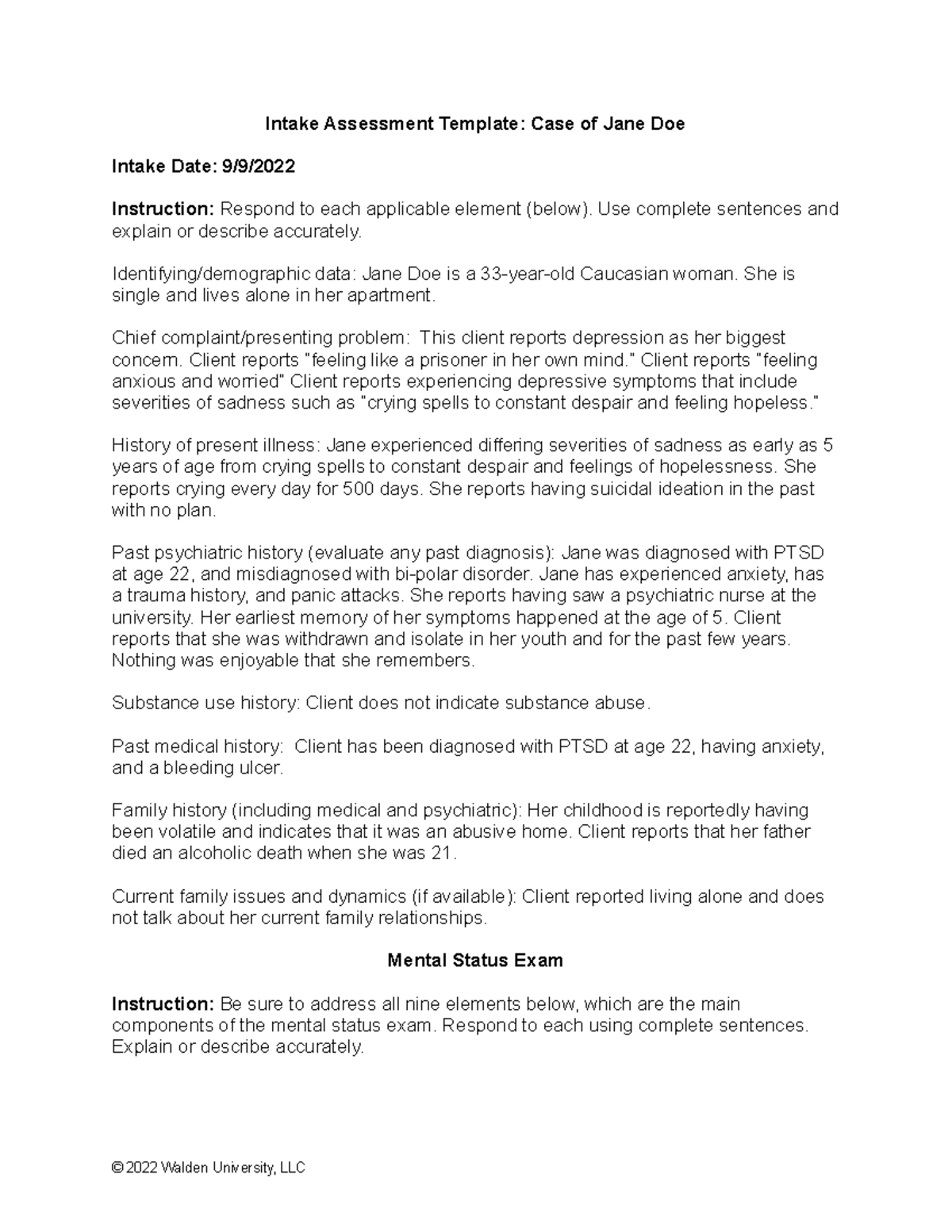 Beles, J. Wk. 2 Assignment - Intake Assessment Template: Case of Jane ...
