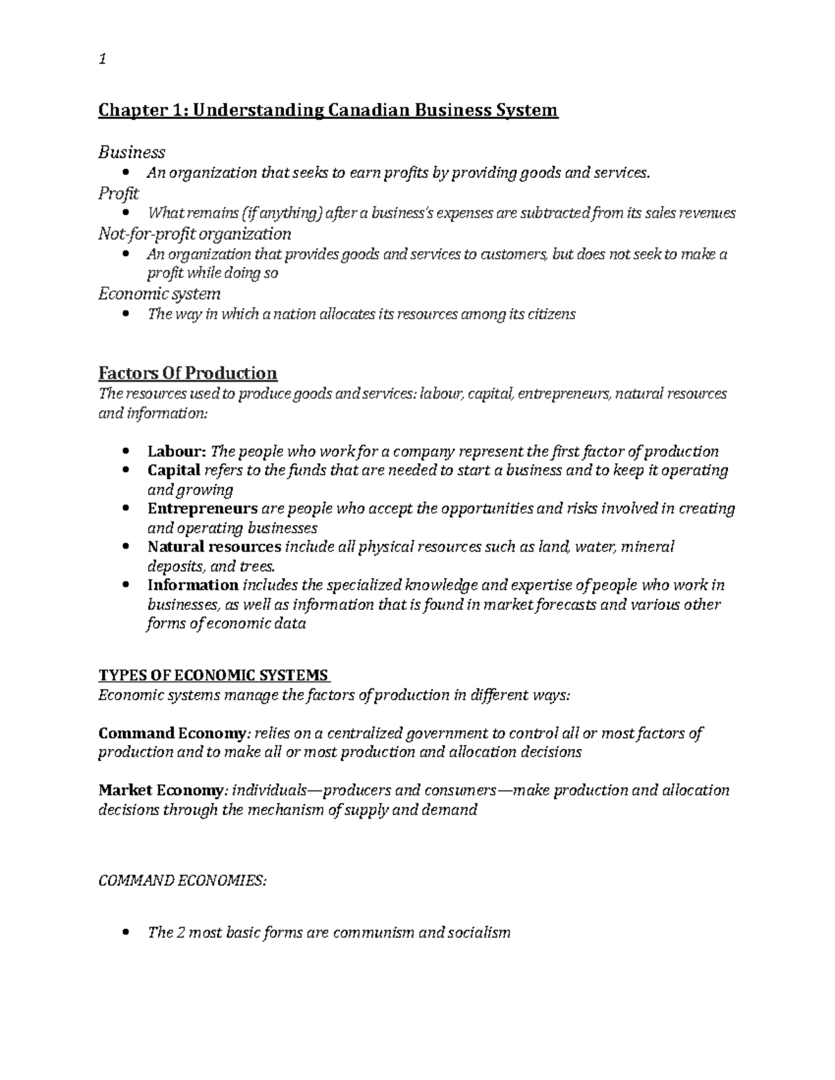 Business Essentials Chapter 1 Notes - Chapter 1: Understanding Canadian ...